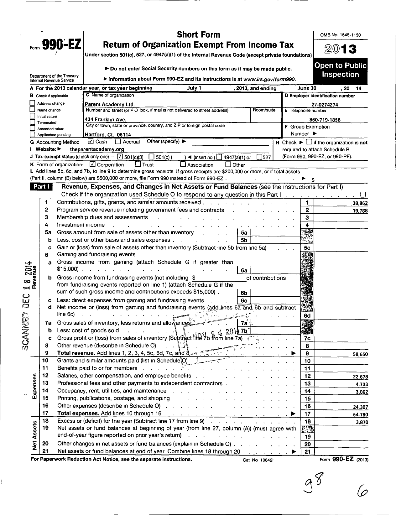 Image of first page of 2013 Form 990EZ for Parent Academy