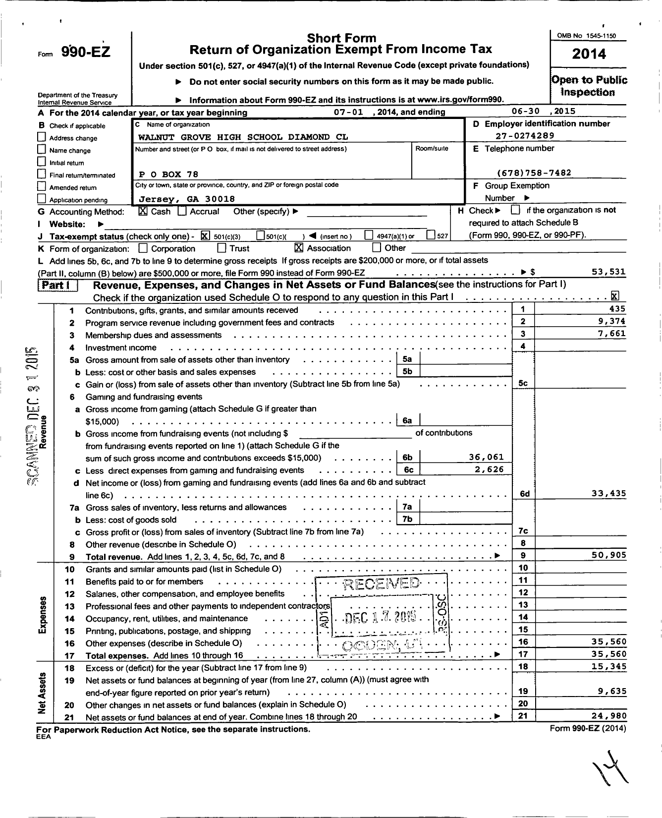 Image of first page of 2014 Form 990EZ for Walnut Grove High School Diamond Club