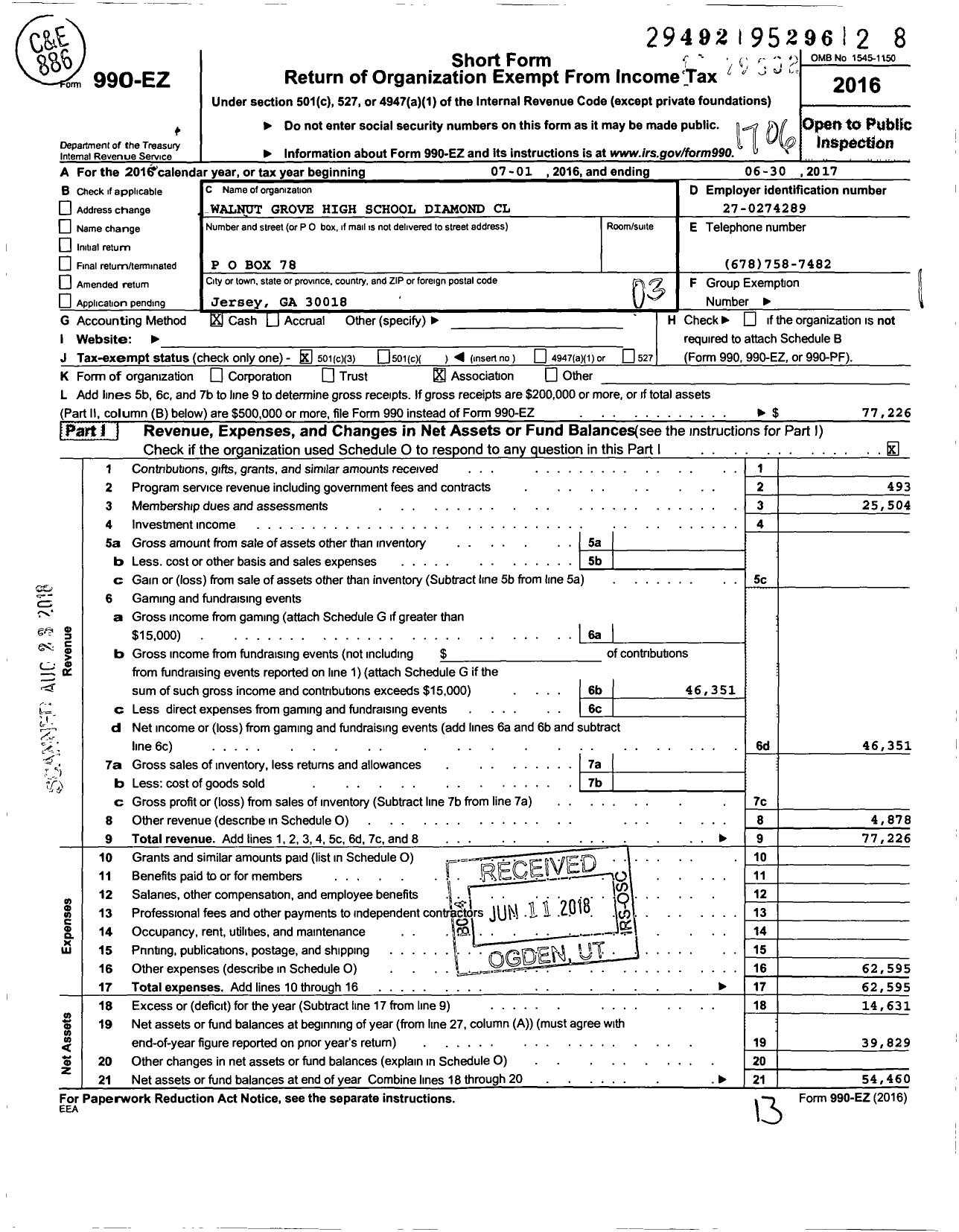 Image of first page of 2016 Form 990EZ for Walnut Grove High School Diamond Club