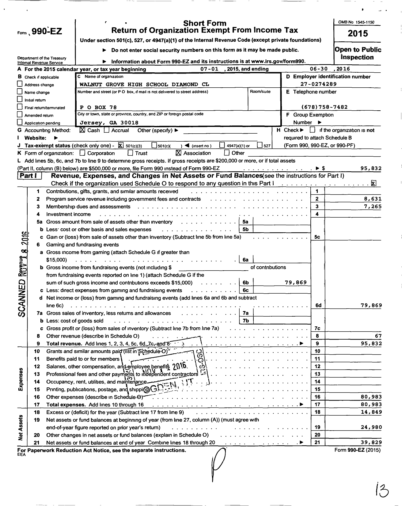 Image of first page of 2015 Form 990EZ for Walnut Grove High School Diamond Club