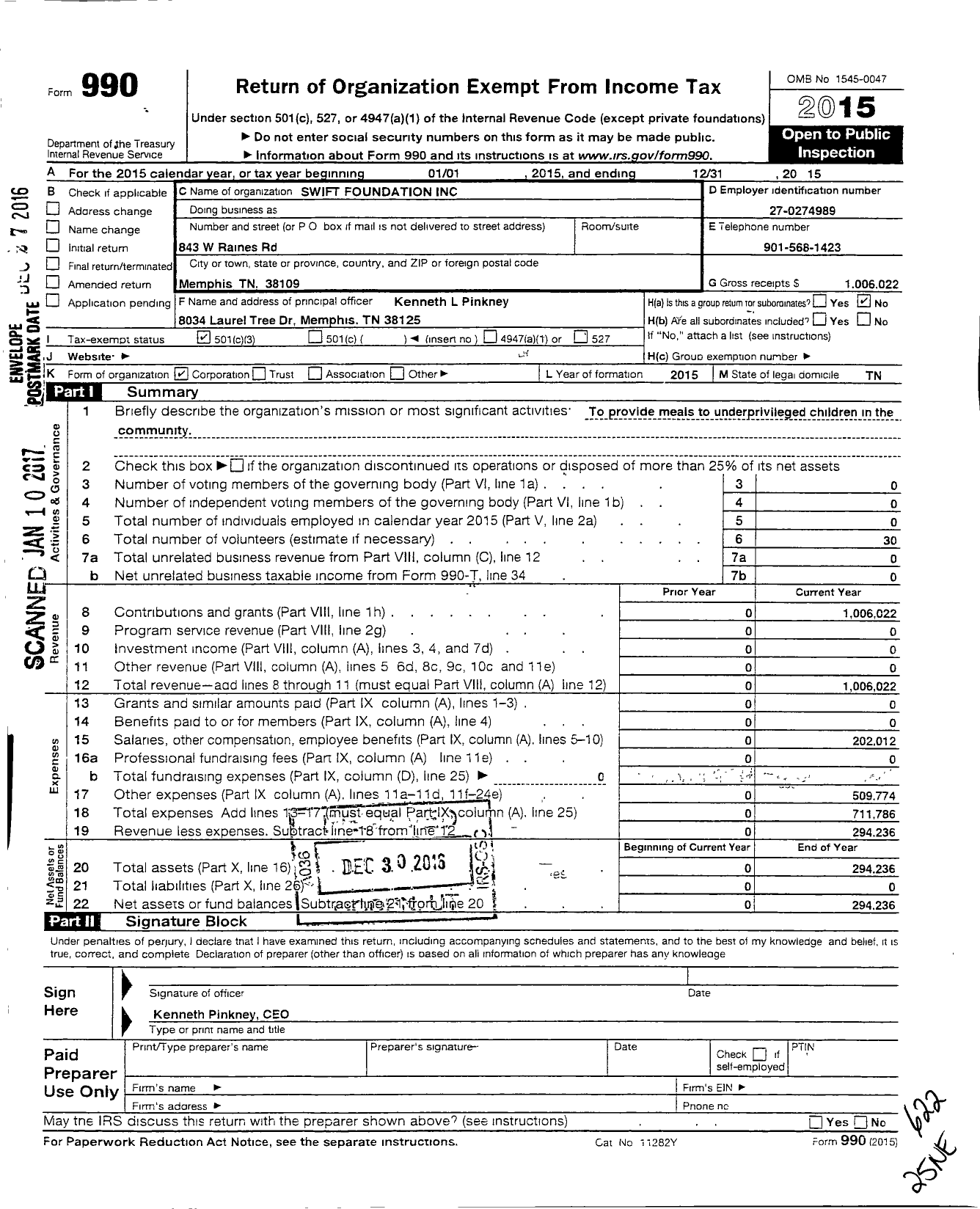 Image of first page of 2015 Form 990 for Swift Foundation