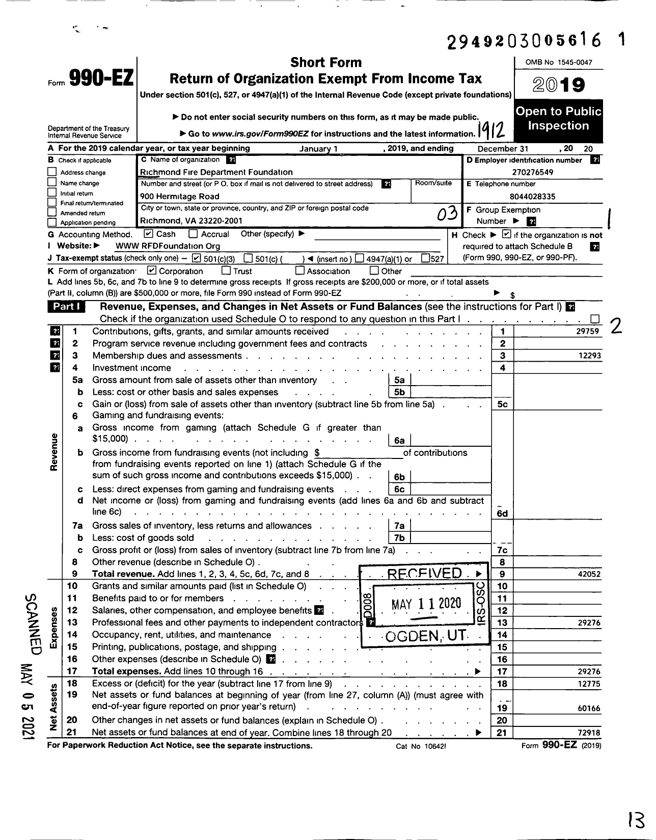 Image of first page of 2019 Form 990EZ for Richmond Fire Department Foundation