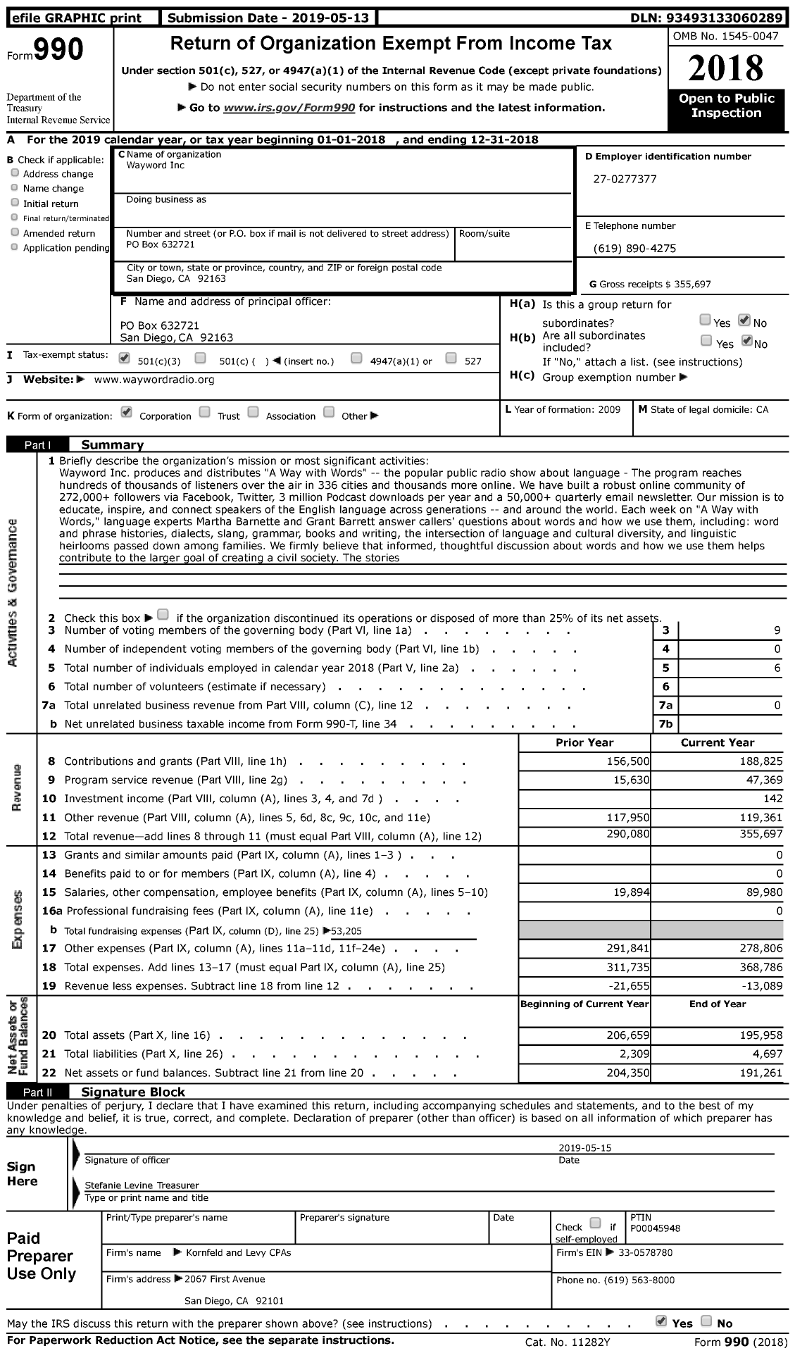 Image of first page of 2018 Form 990 for Wayword