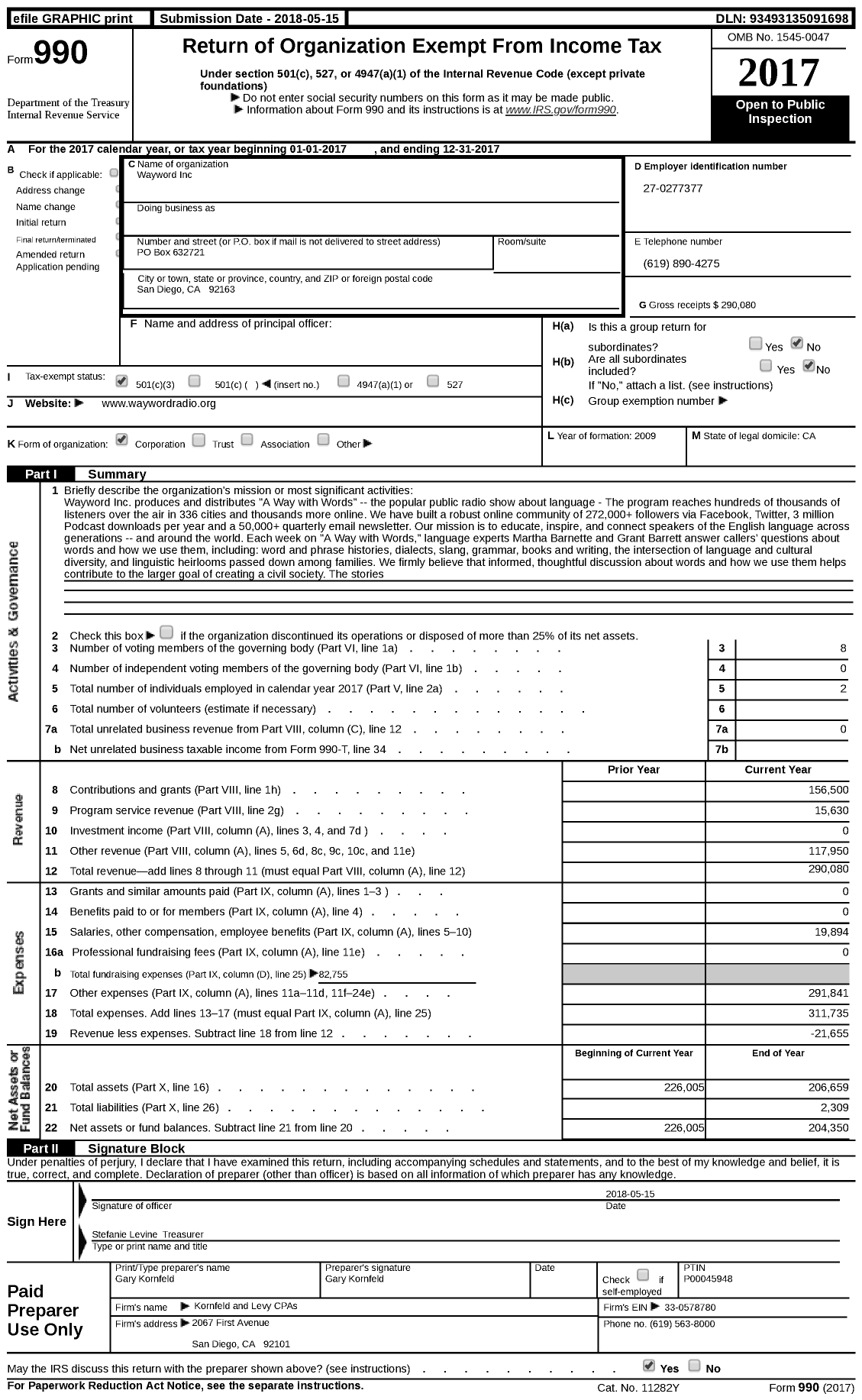 Image of first page of 2017 Form 990 for Wayword