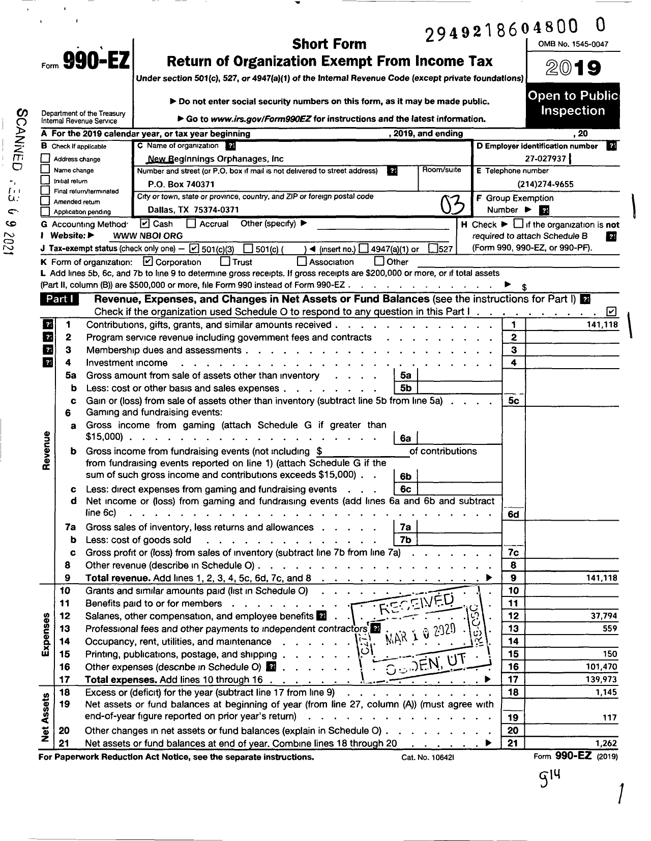 Image of first page of 2019 Form 990EZ for New Beginnings Orphanages