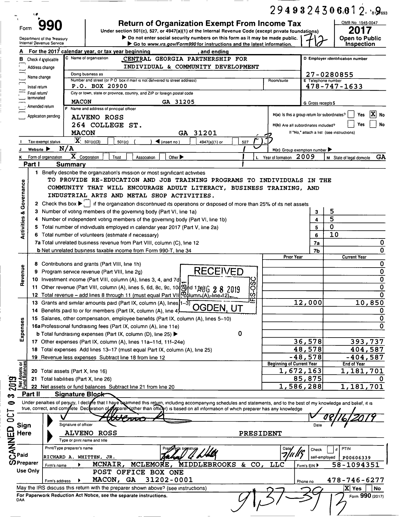 Image of first page of 2017 Form 990 for Central Georgia Partnership for Individual and Community Development