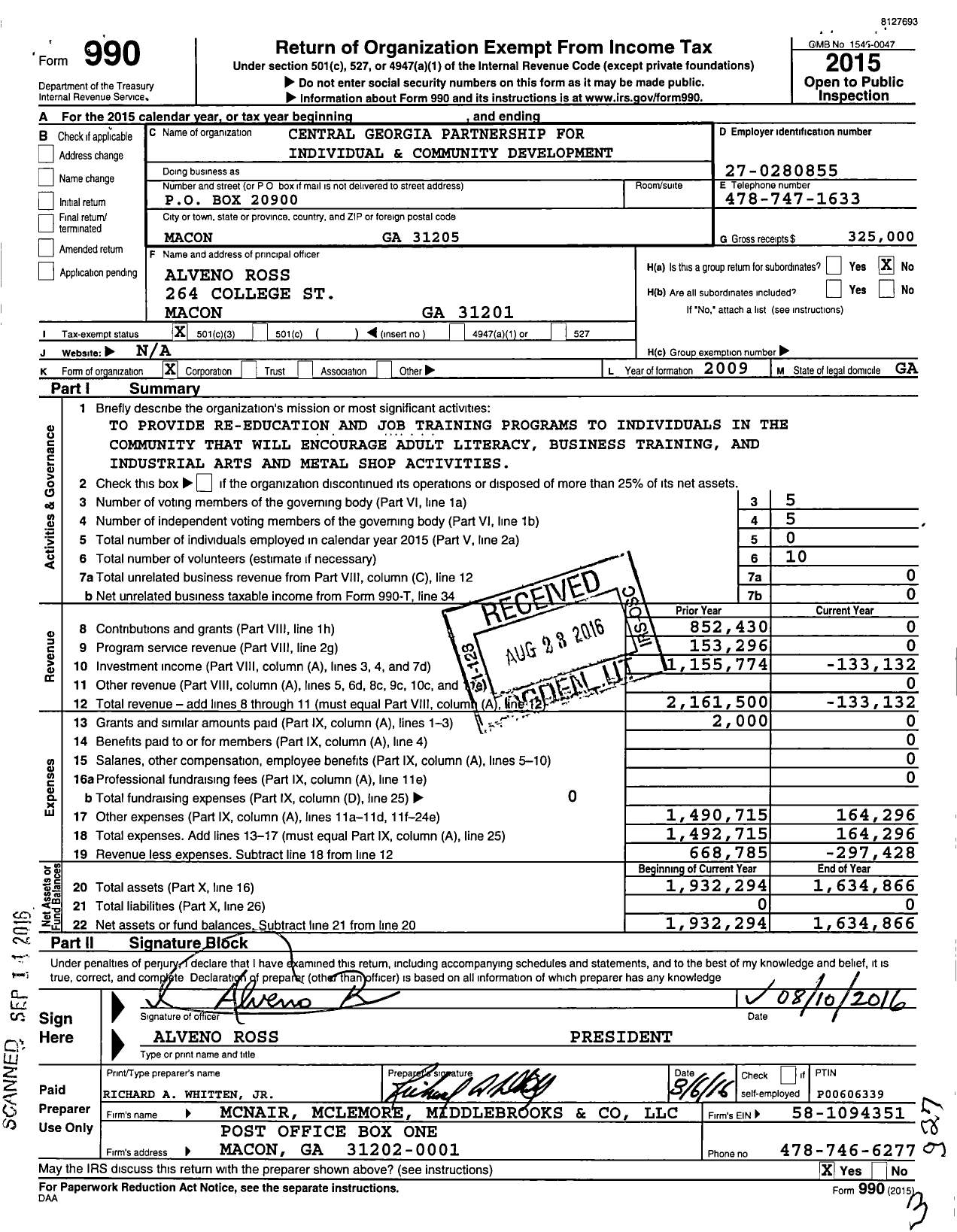 Image of first page of 2015 Form 990 for Central Georgia Partnership for Individual and Community Development