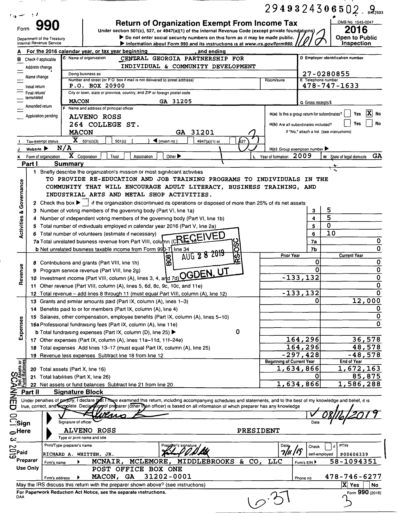 Image of first page of 2016 Form 990 for Central Georgia Partnership for Individual and Community Development