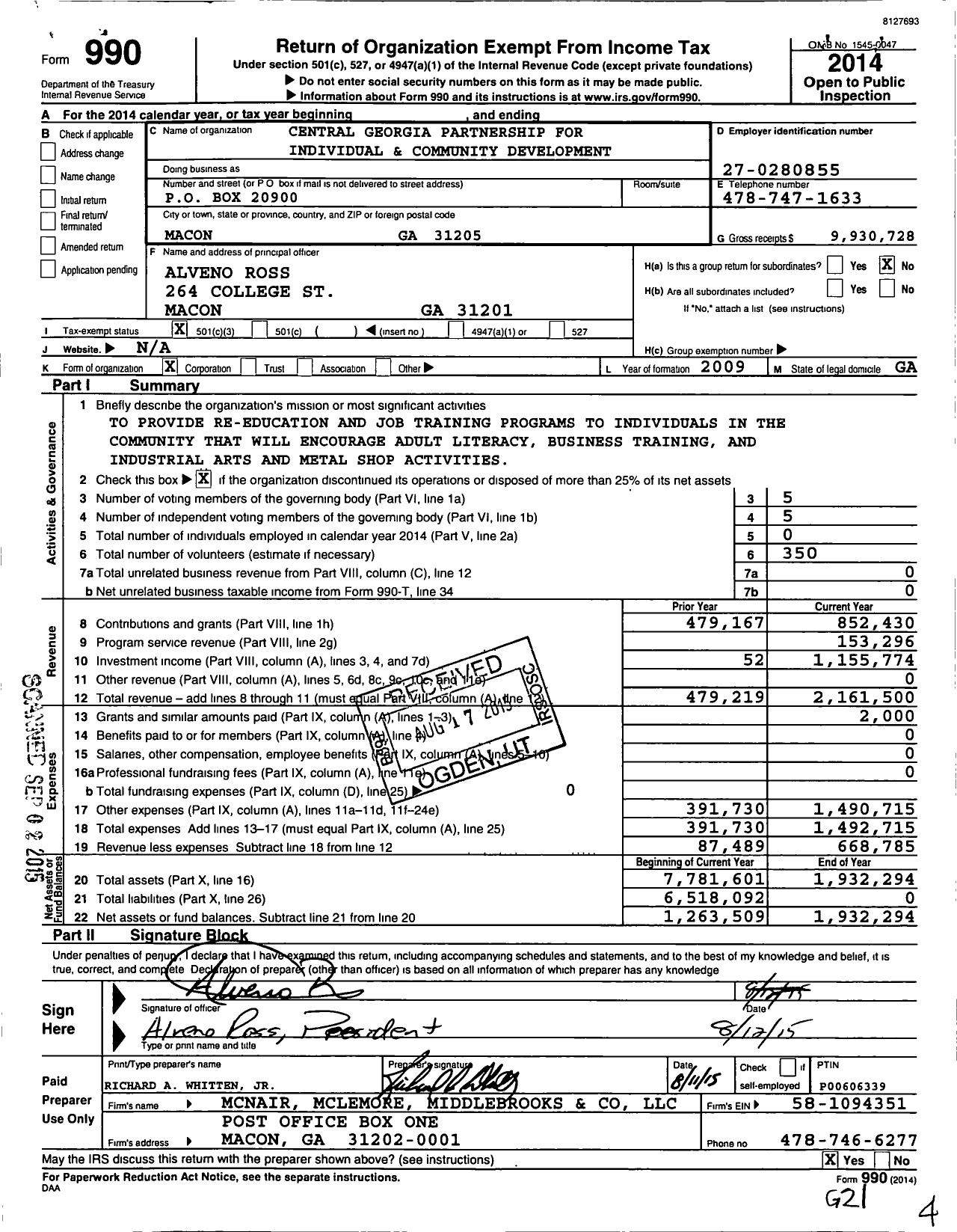 Image of first page of 2014 Form 990 for Central Georgia Partnership for Individual and Community Development