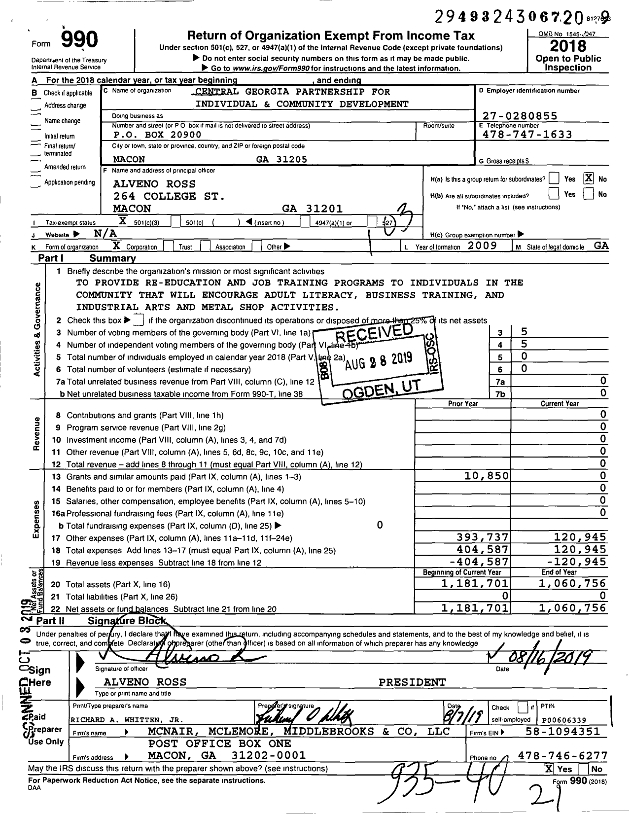 Image of first page of 2018 Form 990 for Central Georgia Partnership for Individual and Community Development