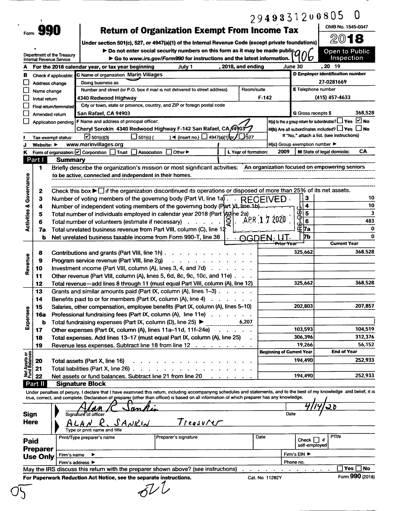 Image of first page of 2018 Form 990 for Marin Villages