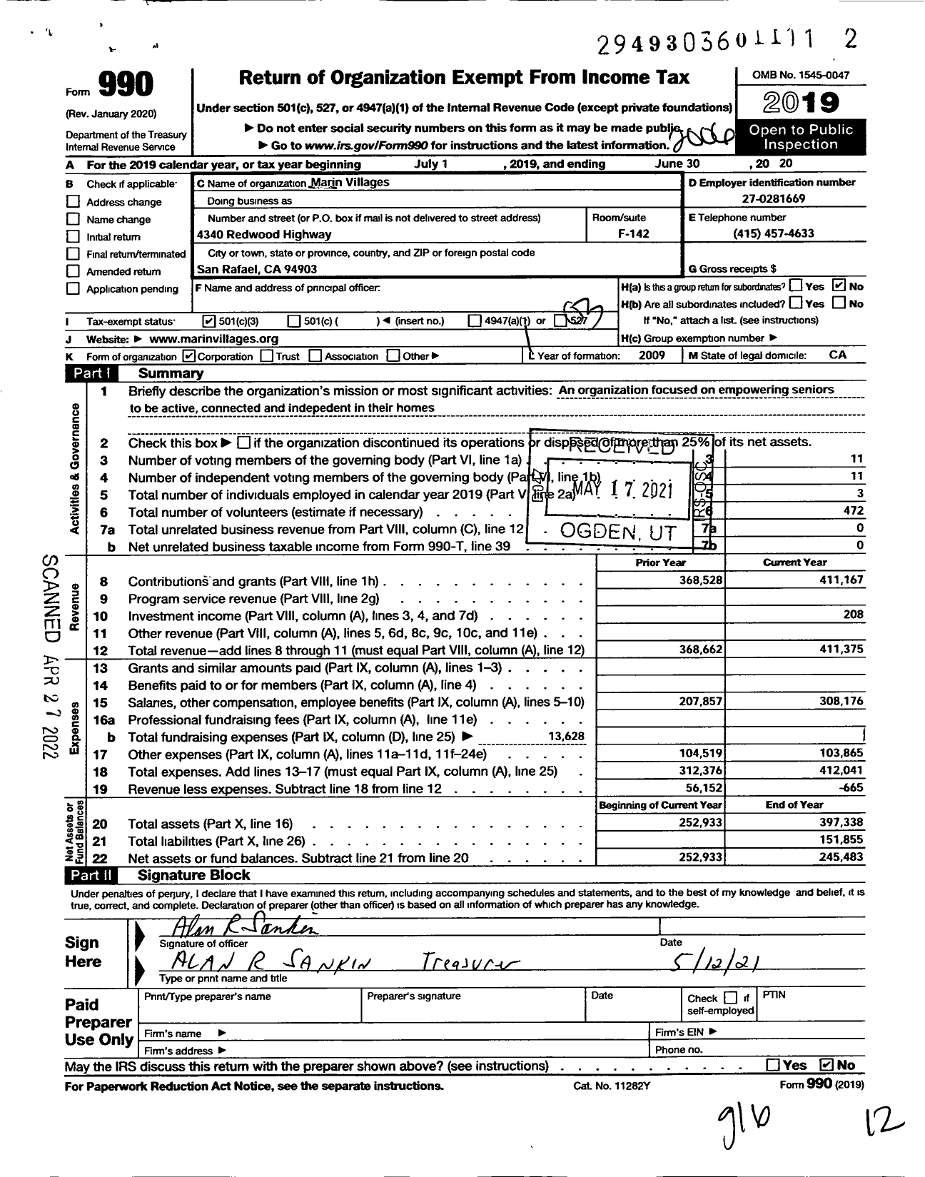 Image of first page of 2019 Form 990 for Marin Villages