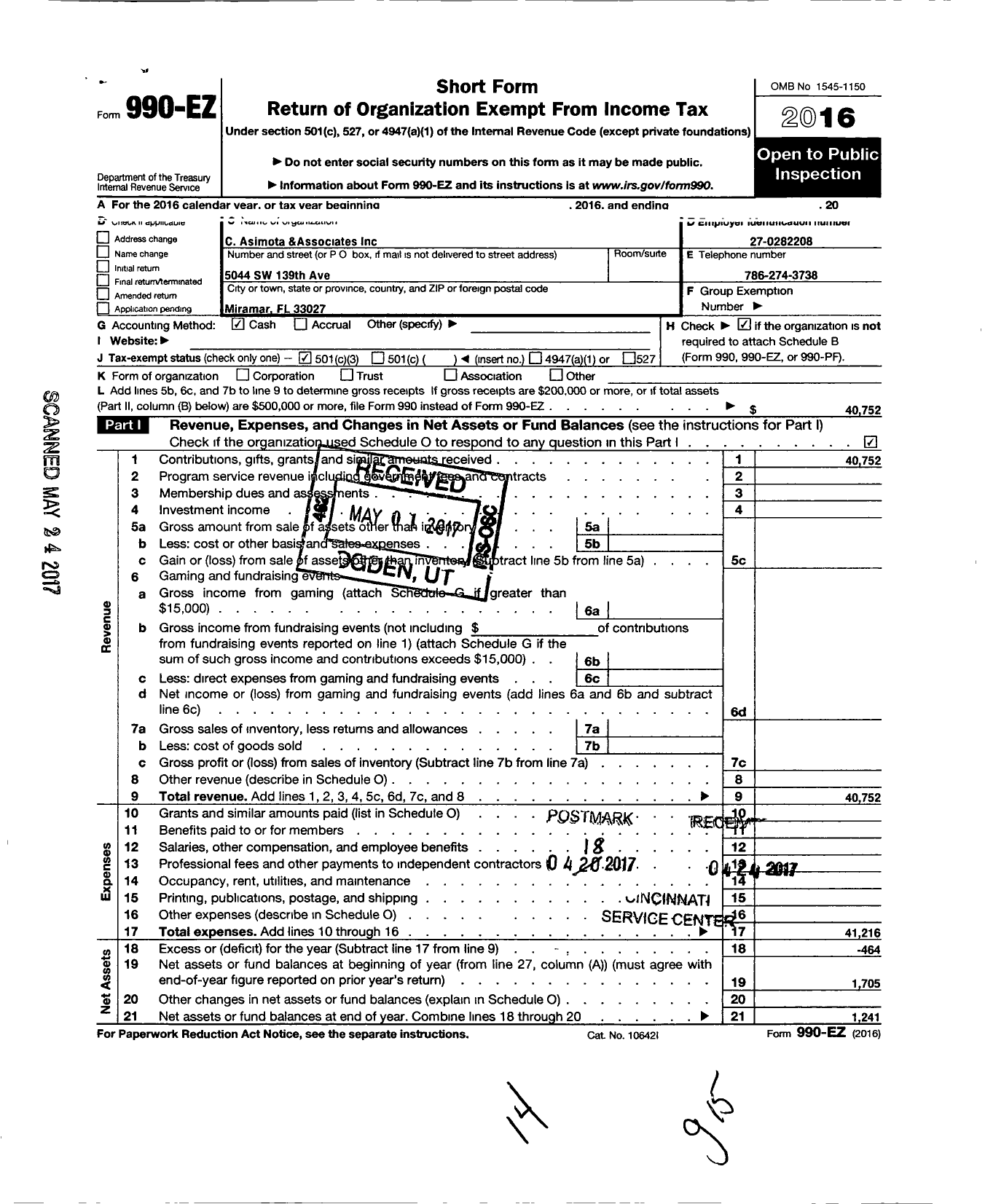 Image of first page of 2016 Form 990EZ for C Asimota and Associates
