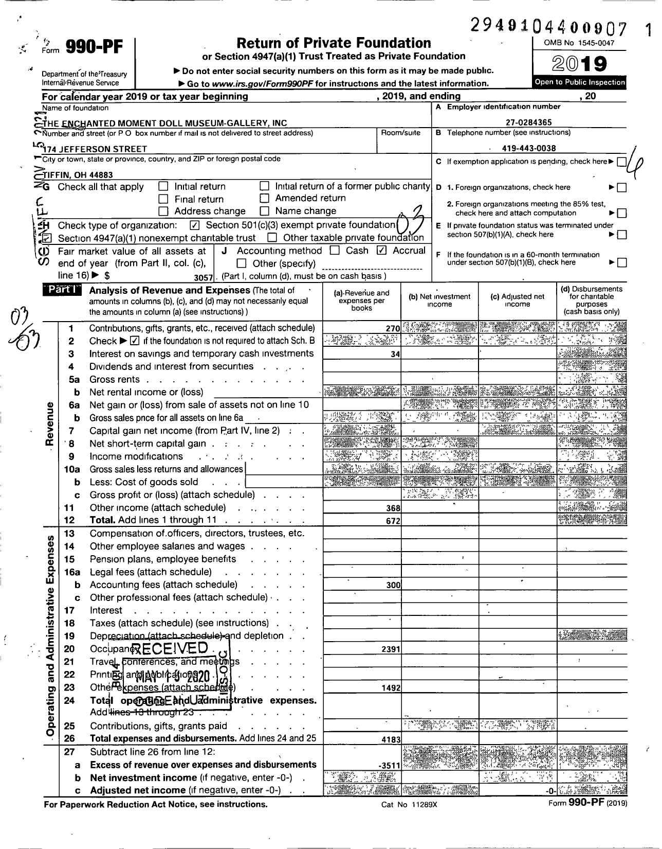 Image of first page of 2019 Form 990PF for The Enchanted Moment Doll Museum-Gallery