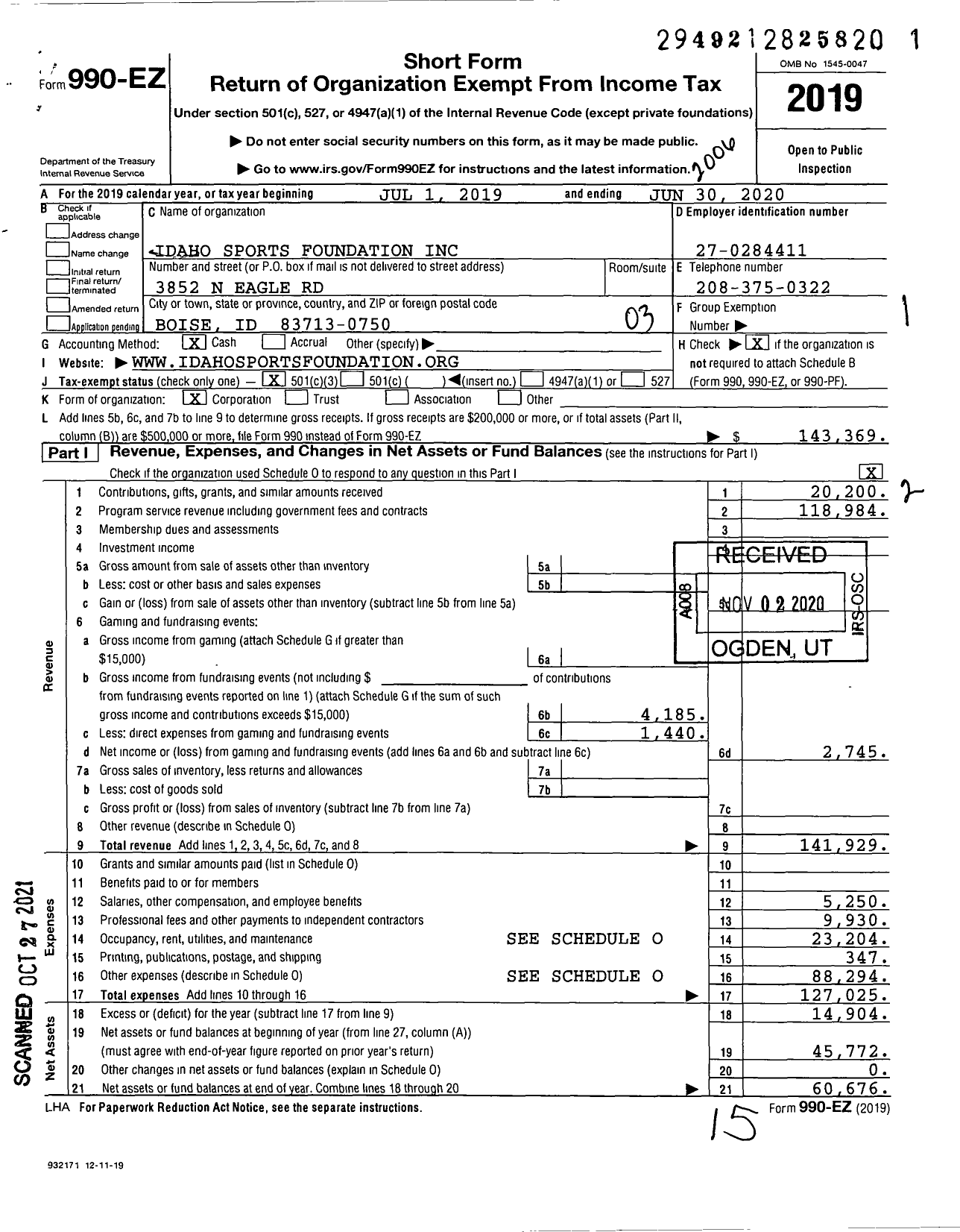 Image of first page of 2019 Form 990EZ for Idaho Sports Foundation