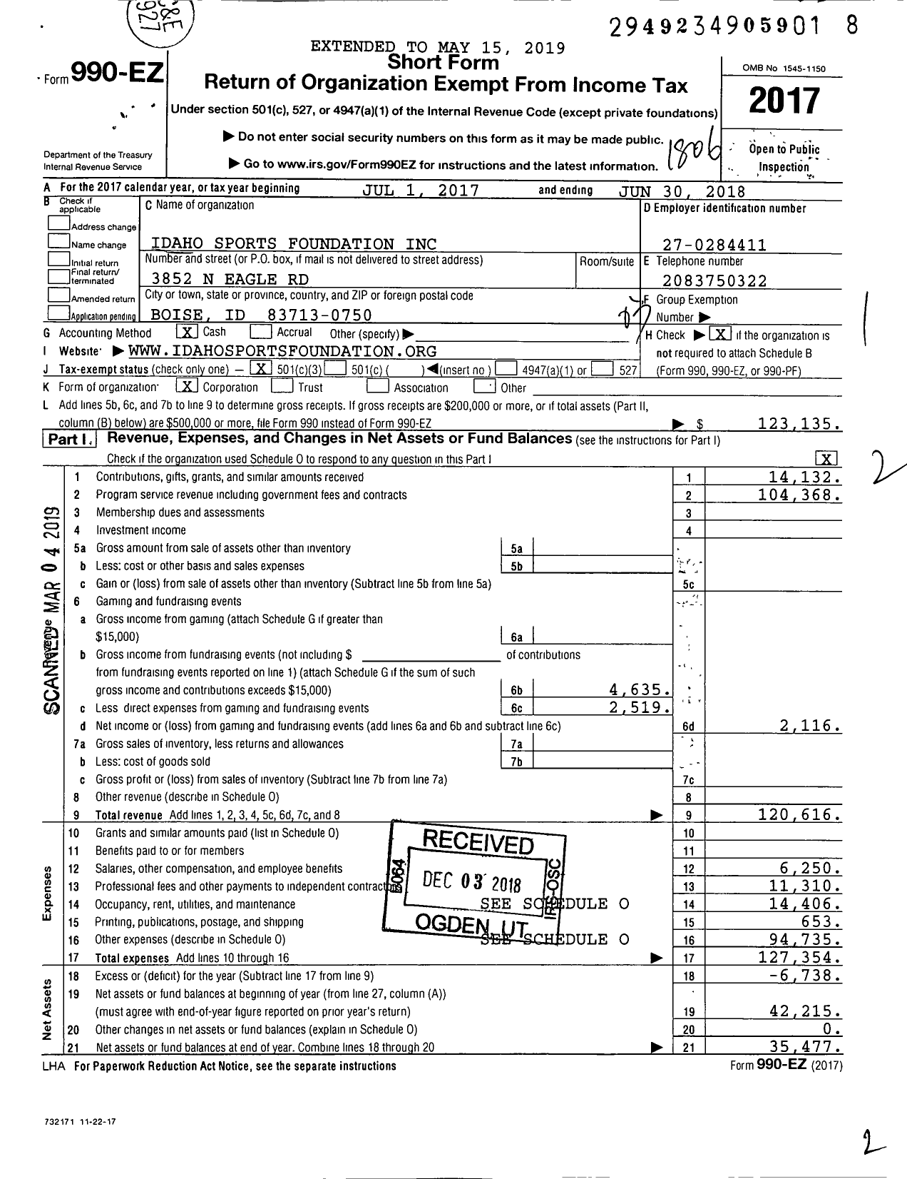 Image of first page of 2017 Form 990EZ for Idaho Sports Foundation