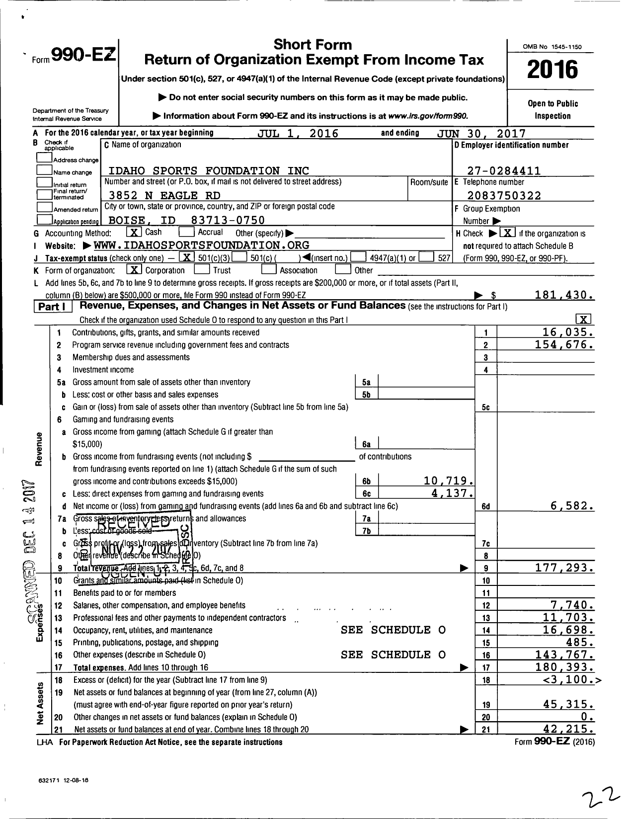 Image of first page of 2016 Form 990EZ for Idaho Sports Foundation