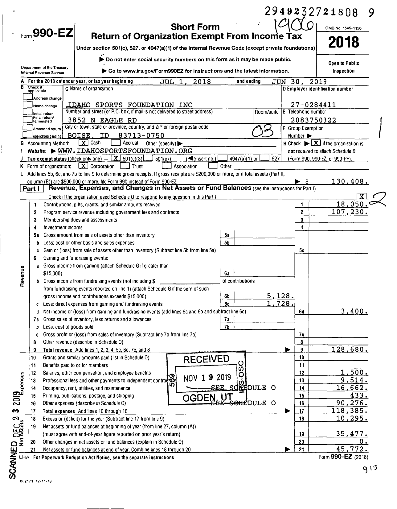 Image of first page of 2018 Form 990EZ for Idaho Sports Foundation