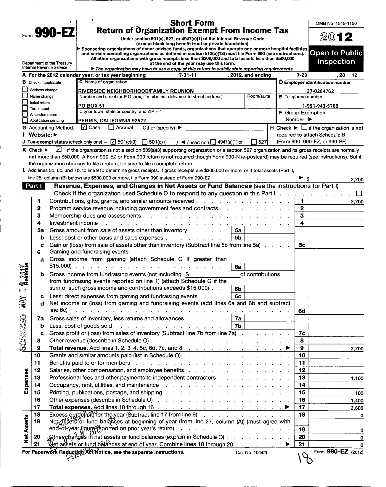 Image of first page of 2011 Form 990EZ for Riverside Neighborhood Family Reunion