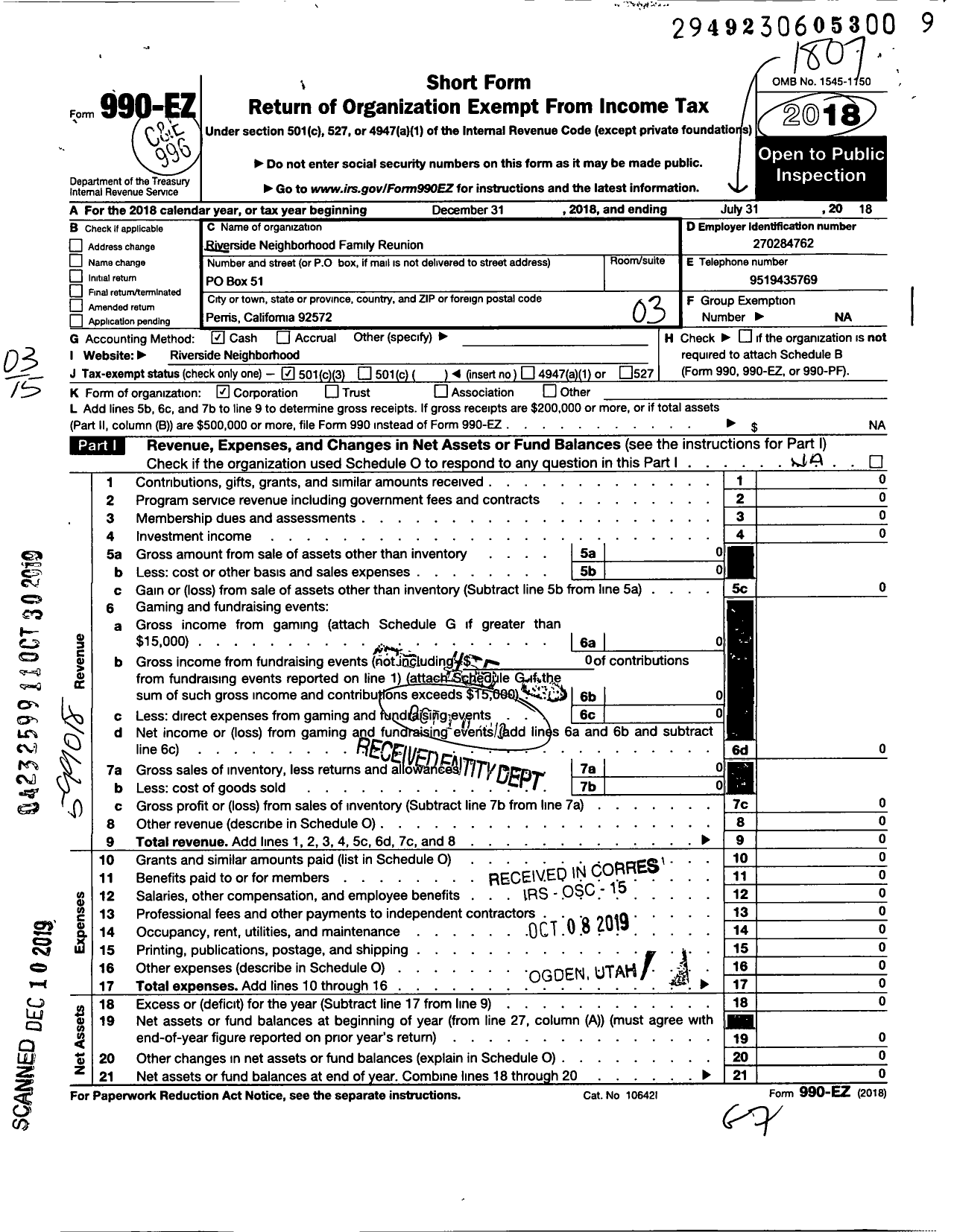 Image of first page of 2017 Form 990EZ for Riverside Neighborhood Family Reunion