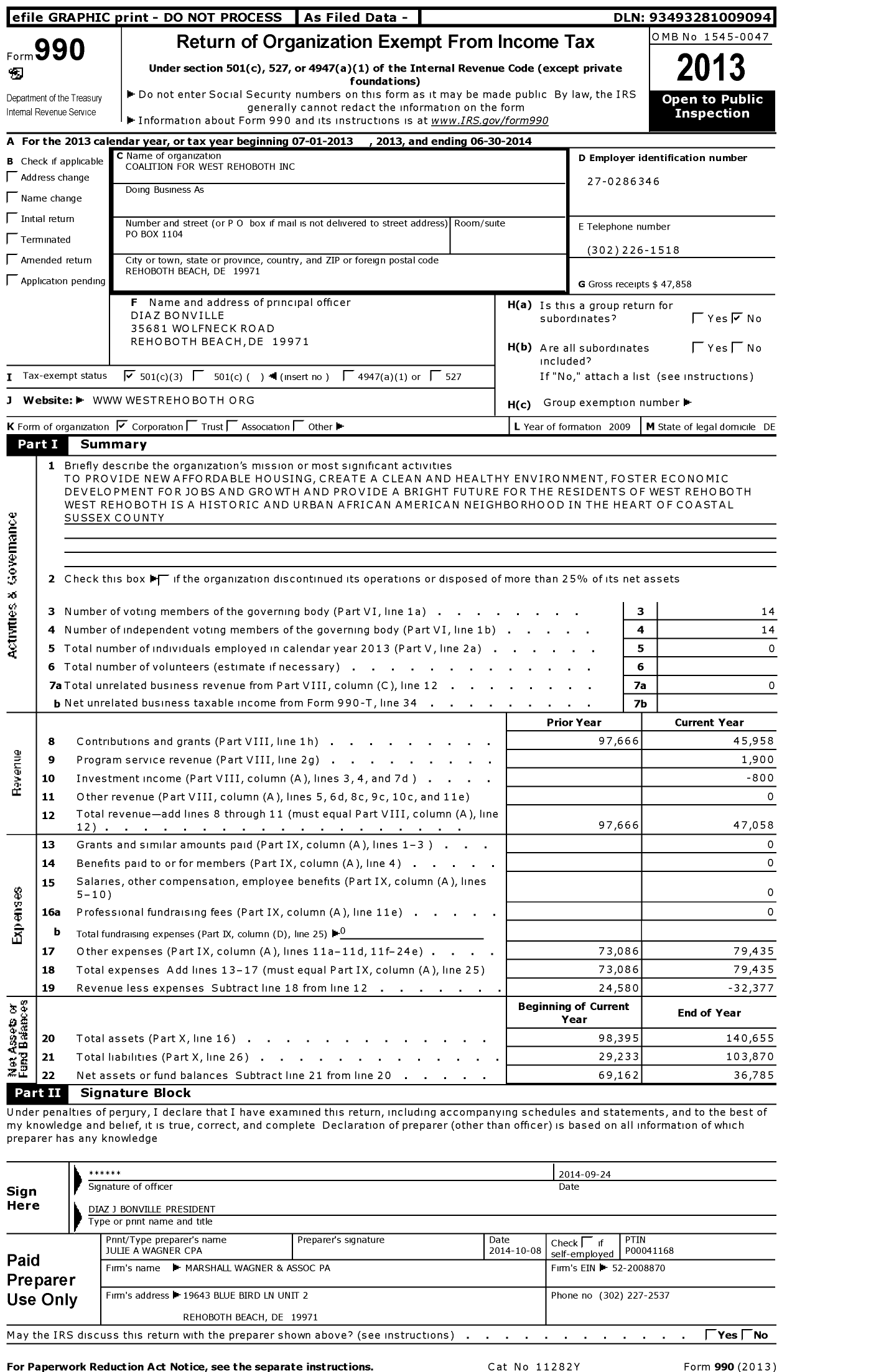 Image of first page of 2013 Form 990 for Coalition for West Rehoboth