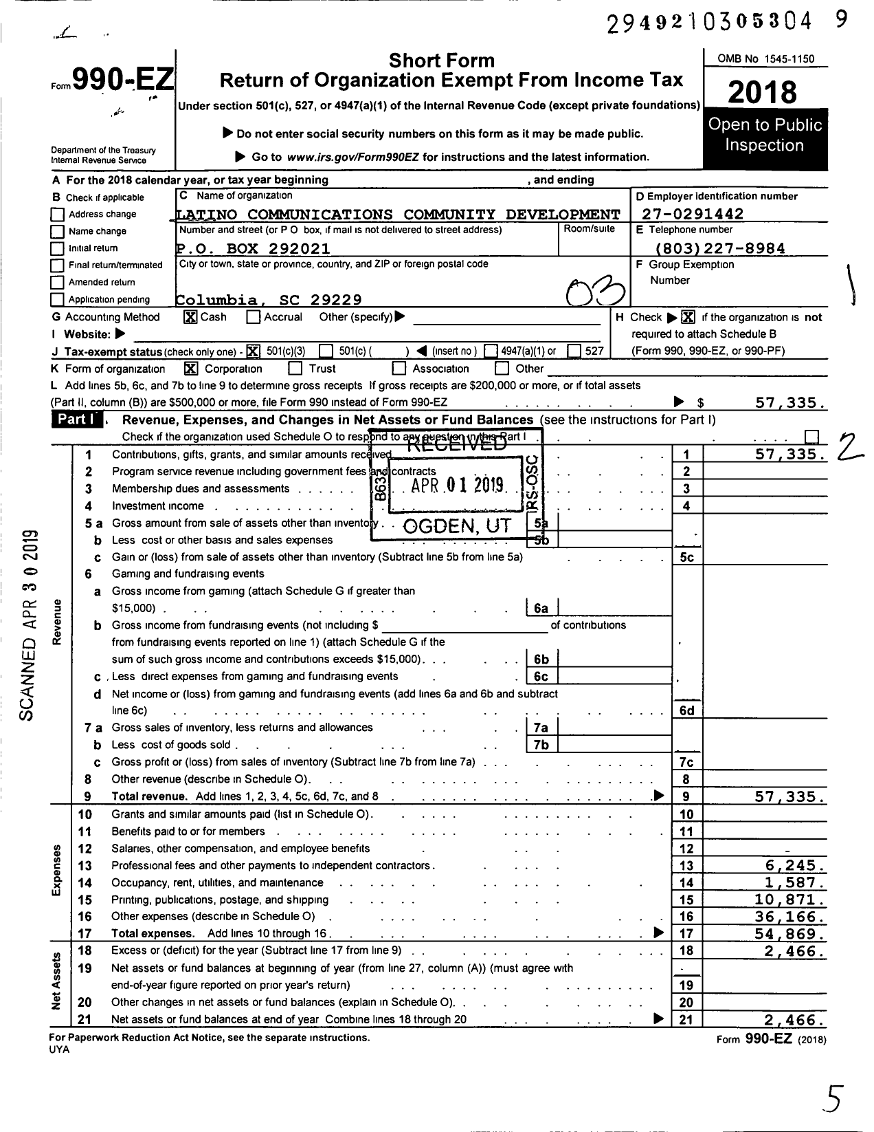 Image of first page of 2018 Form 990EZ for Latino Communications Community Development