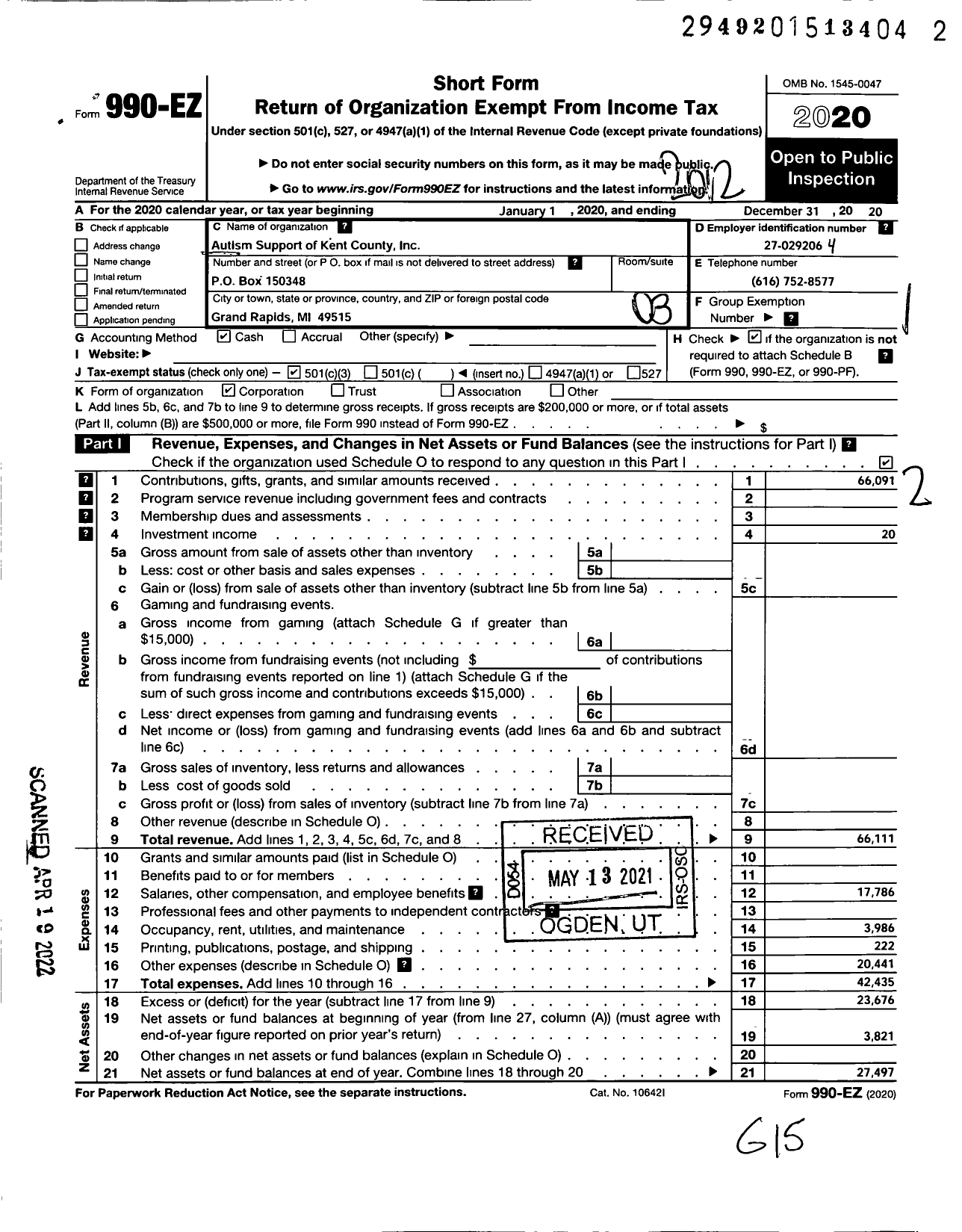 Image of first page of 2020 Form 990EZ for Autism Support of Kent County