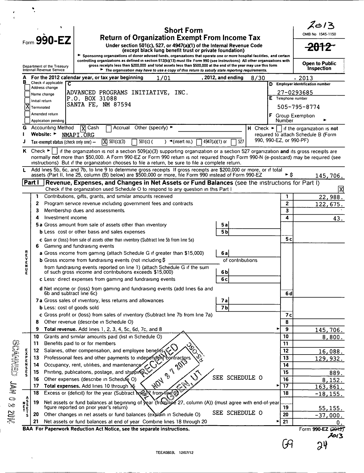 Image of first page of 2012 Form 990EZ for Advanced Programs Initiative