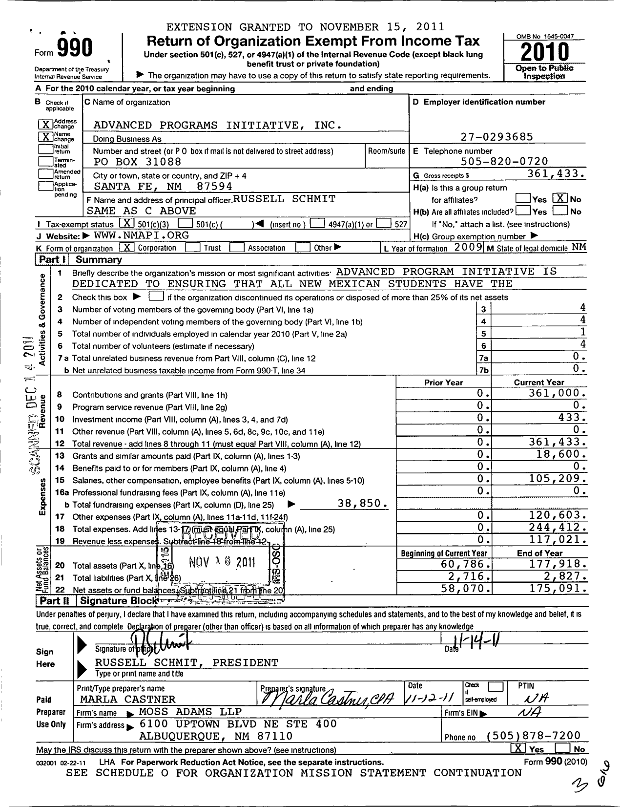 Image of first page of 2010 Form 990 for Advanced Programs Initiative