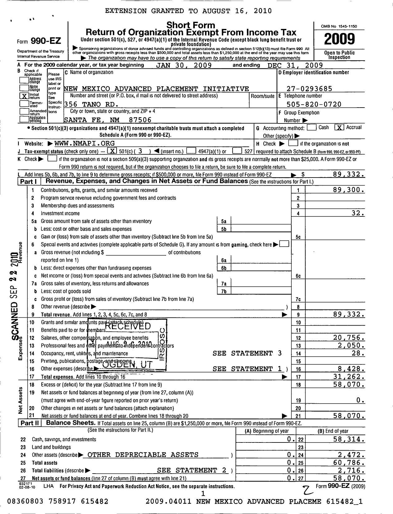 Image of first page of 2009 Form 990EZ for Advanced Programs Initiative