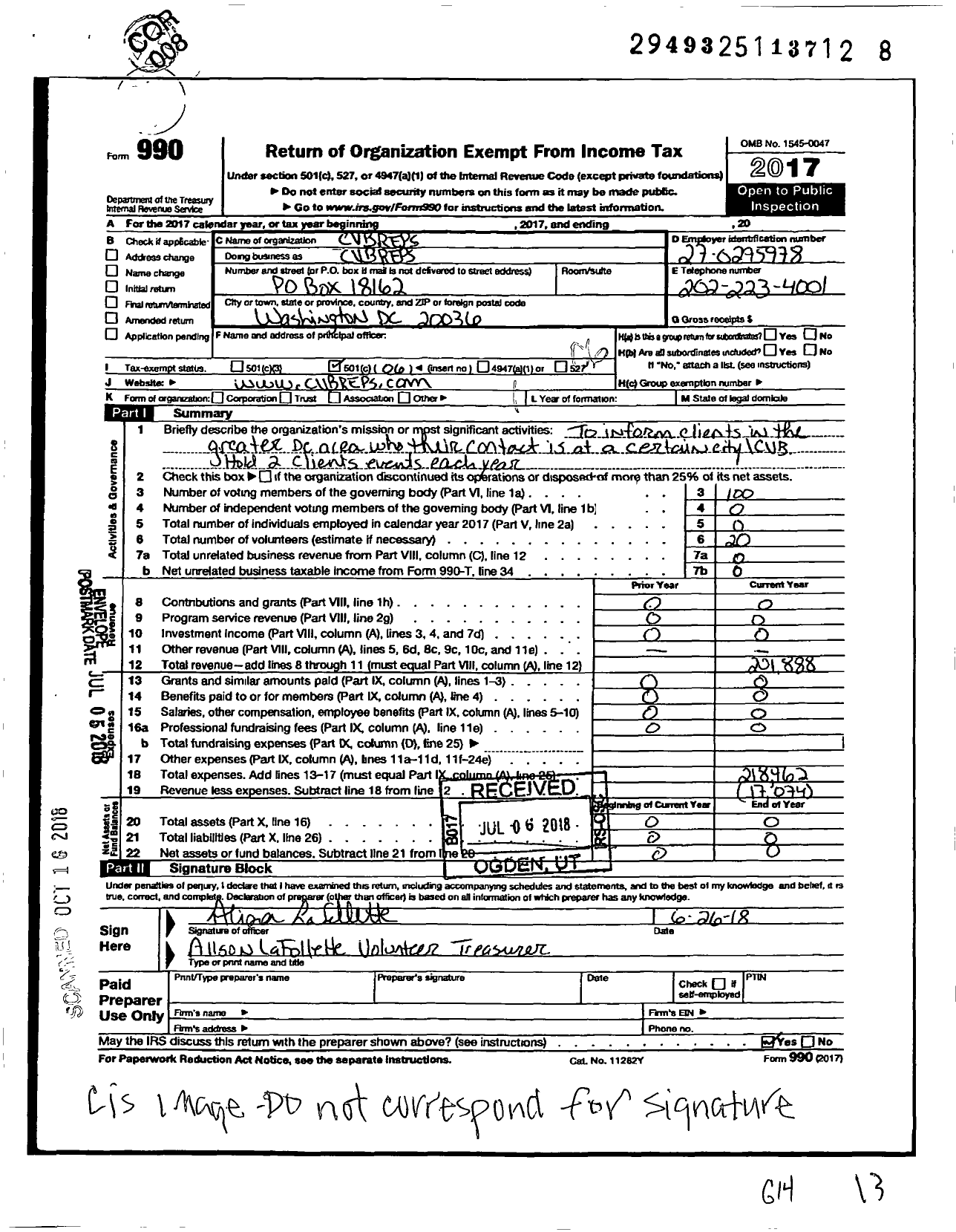 Image of first page of 2017 Form 990O for Cvbreps