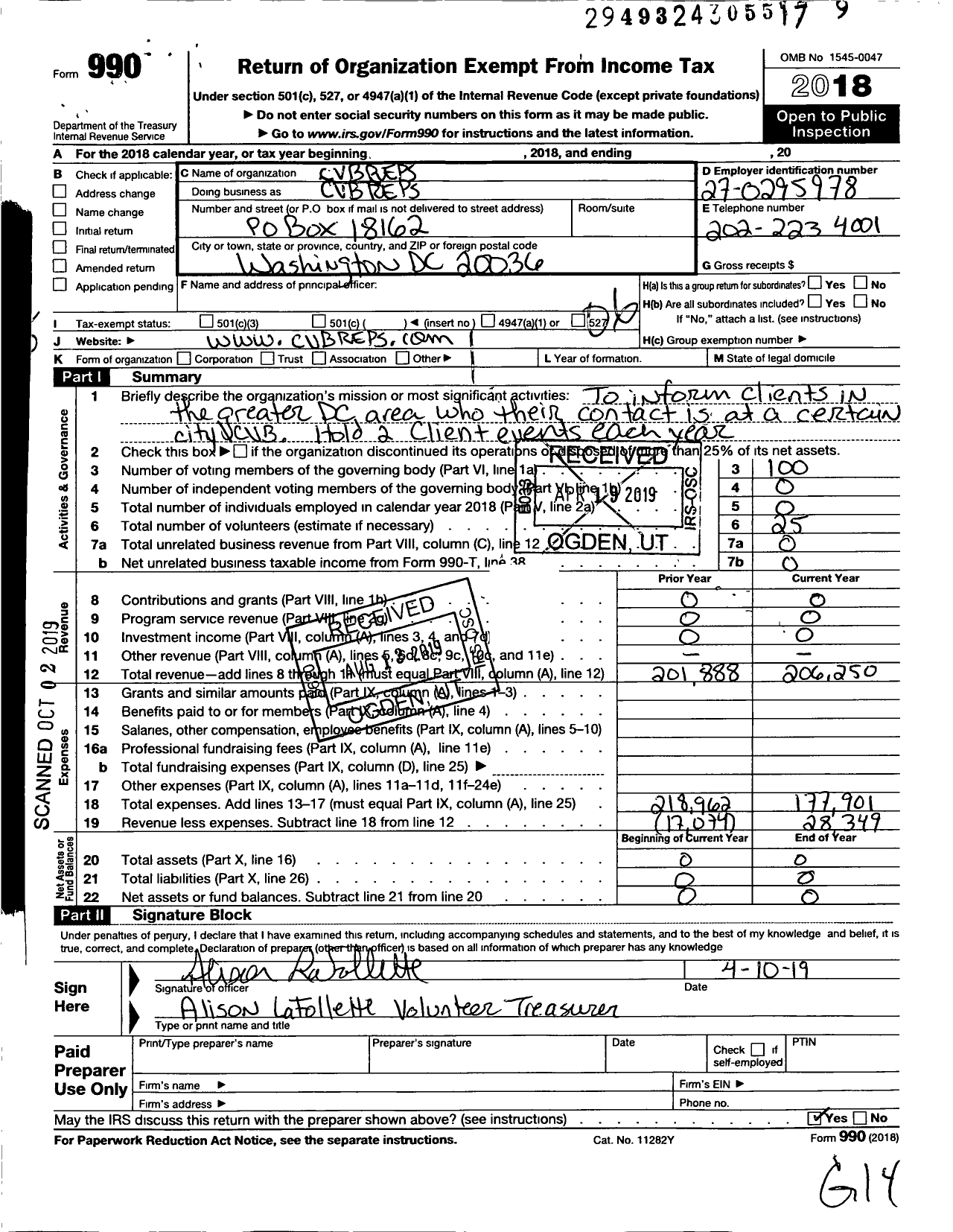 Image of first page of 2018 Form 990O for Cvbreps