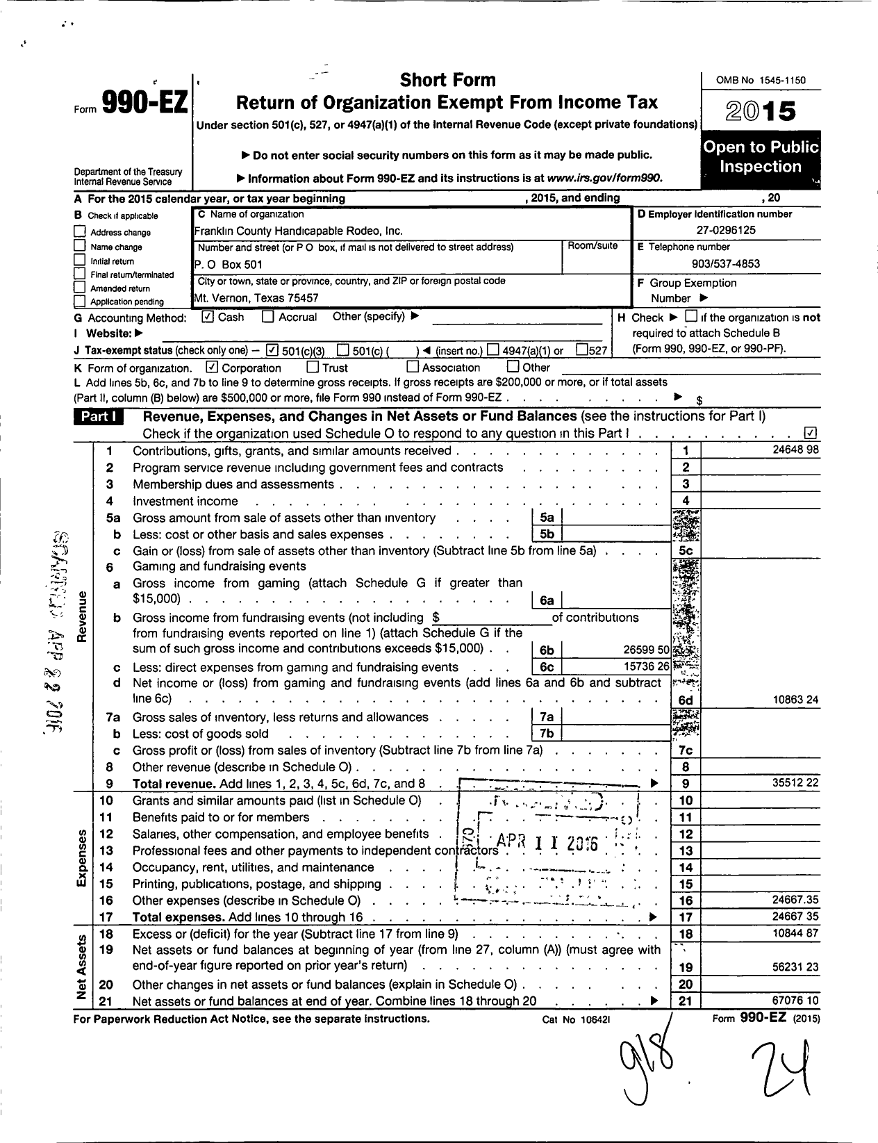 Image of first page of 2015 Form 990EZ for Franklin County Handicapable Rodeo