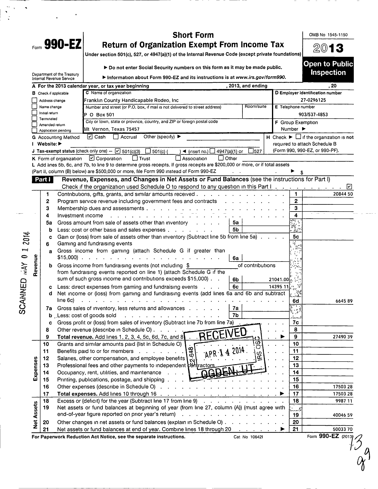 Image of first page of 2013 Form 990EZ for Franklin County Handicapable Rodeo