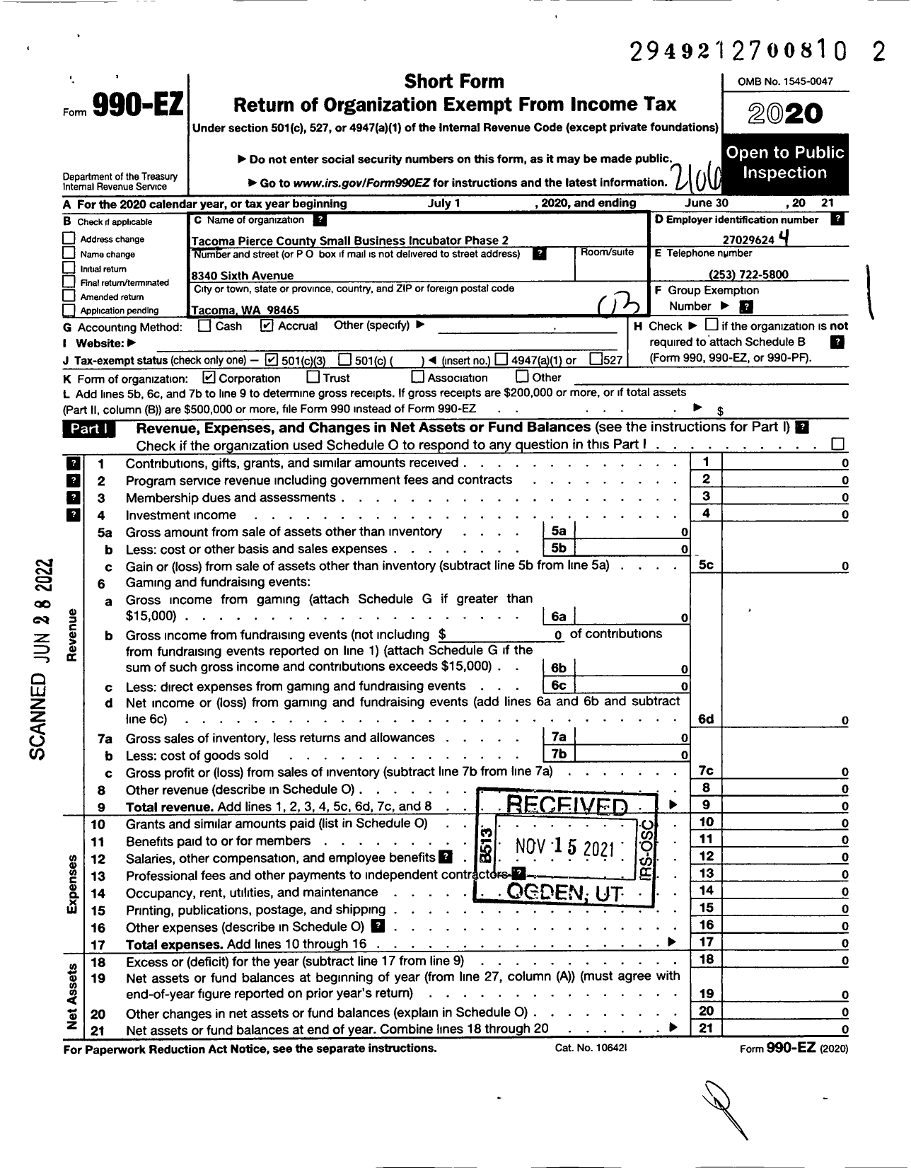 Image of first page of 2020 Form 990EZ for Tacoma-Pierce County Small Business Incubator Phase 2