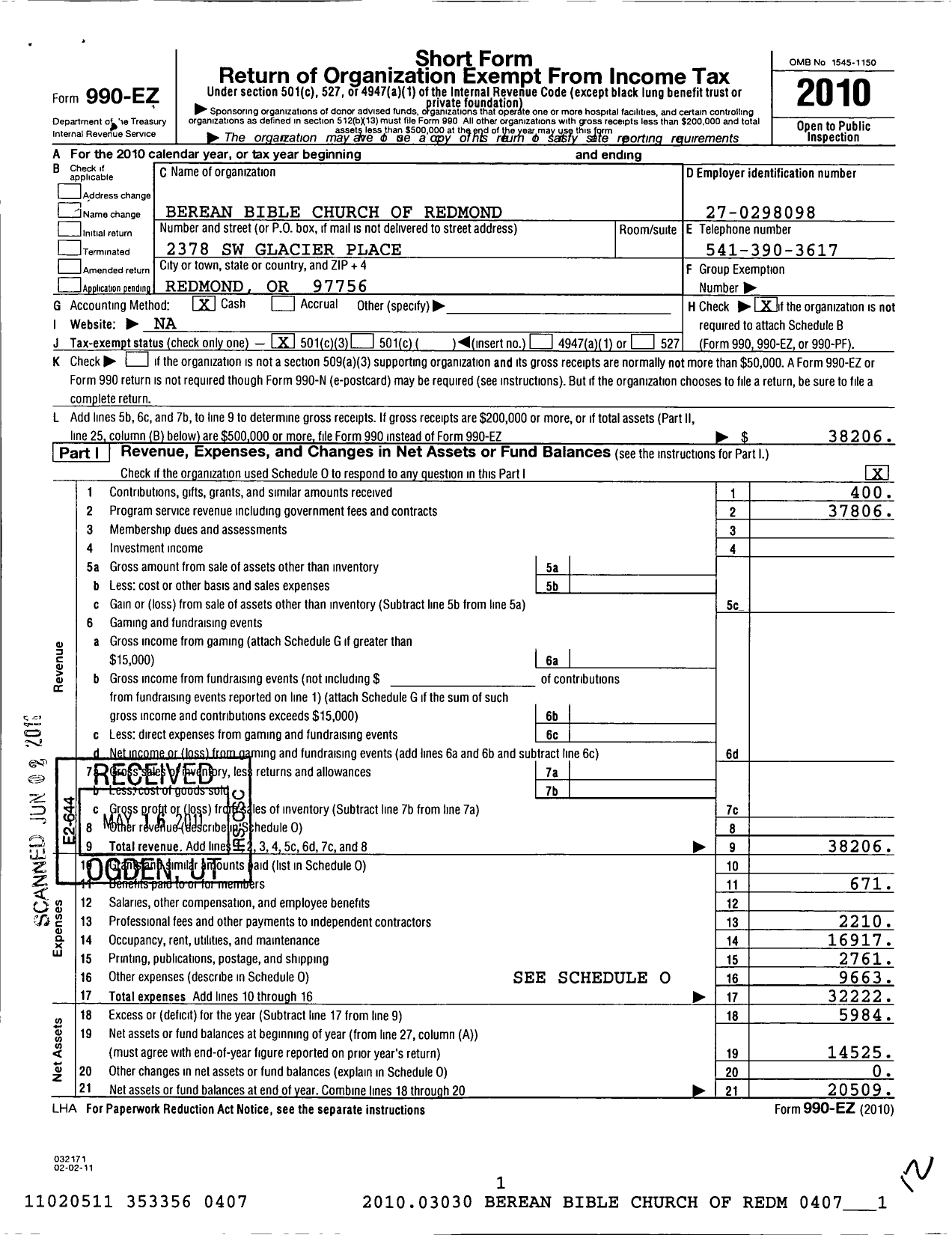 Image of first page of 2010 Form 990EZ for Berean Bible Church of Redmond