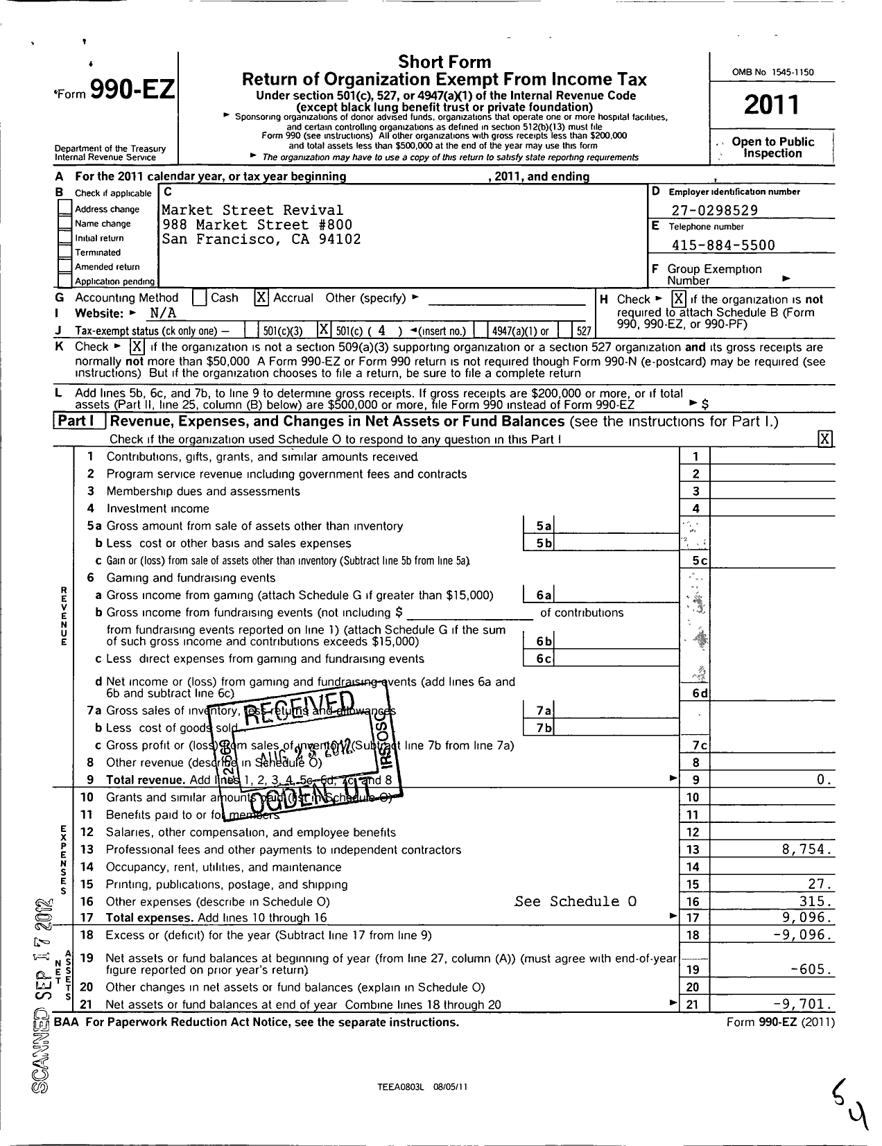 Image of first page of 2011 Form 990EO for Market Street Revival