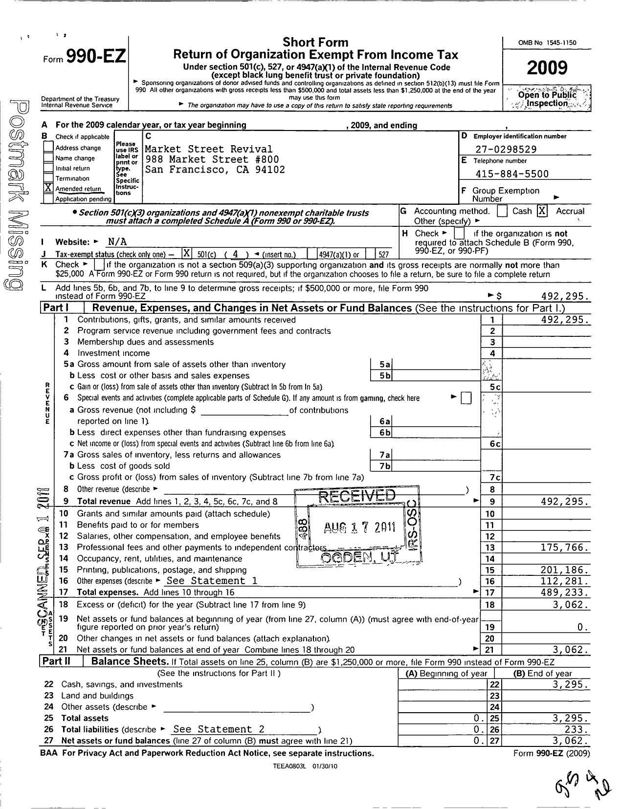 Image of first page of 2009 Form 990EO for Market Street Revival
