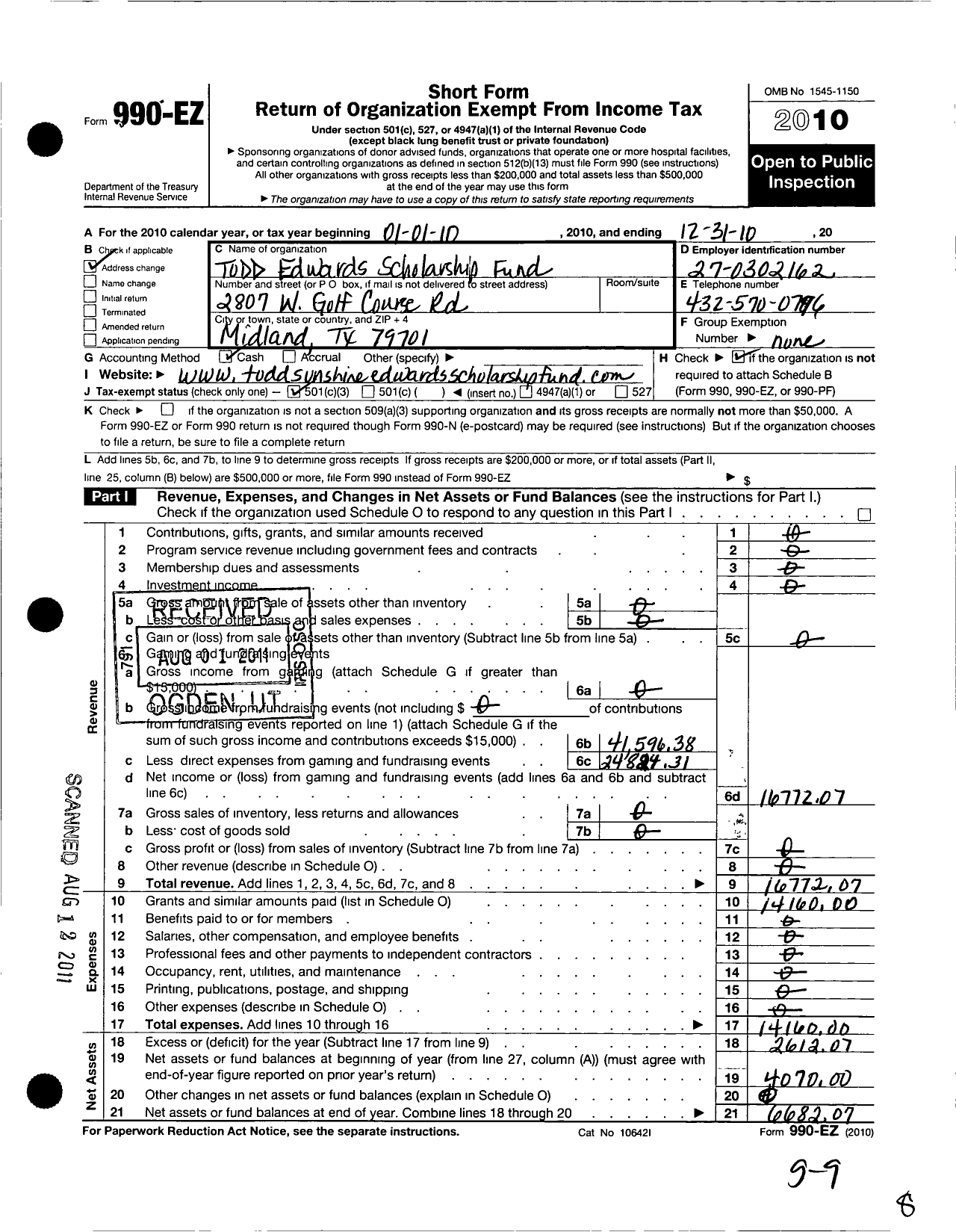 Image of first page of 2010 Form 990EZ for Todd Edwards Scholarship Fund