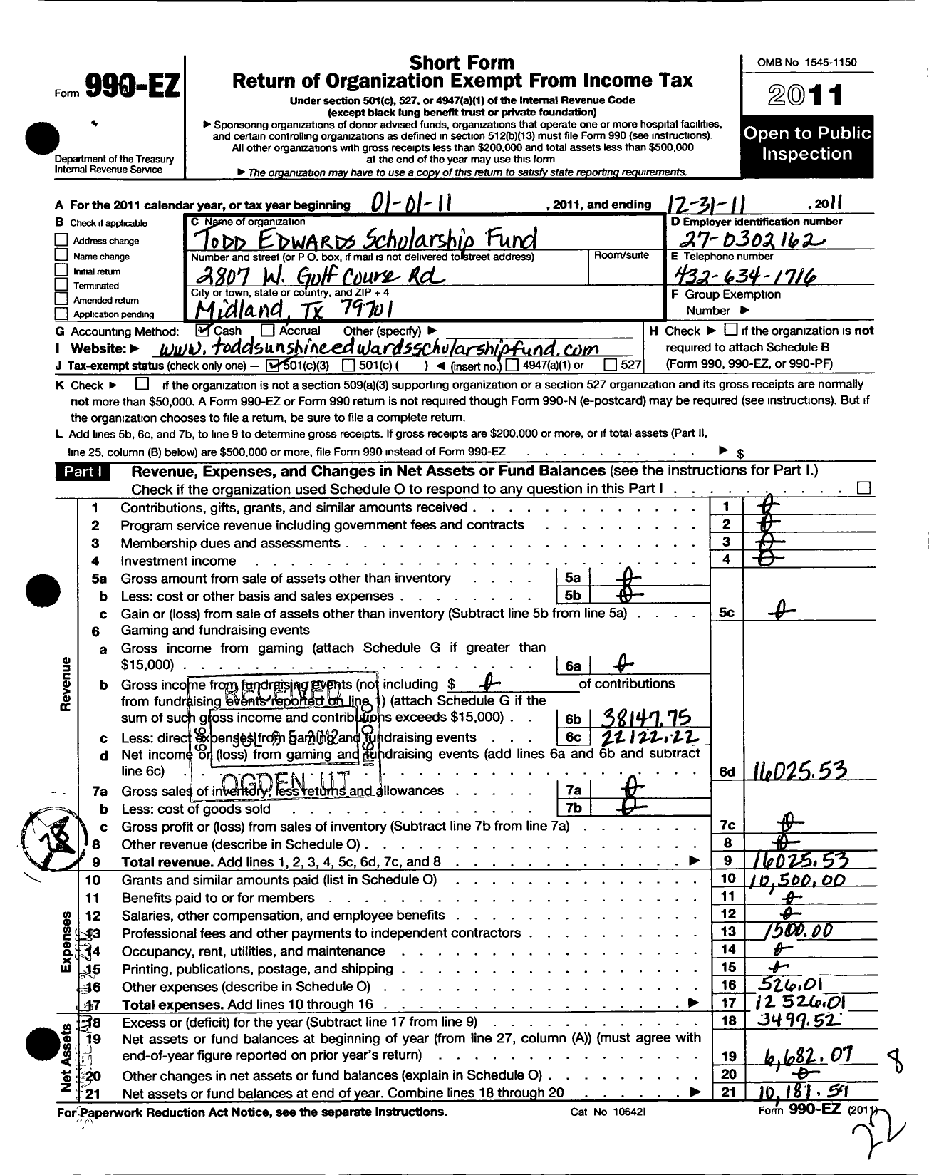 Image of first page of 2011 Form 990EZ for Todd Edwards Scholarship Fund