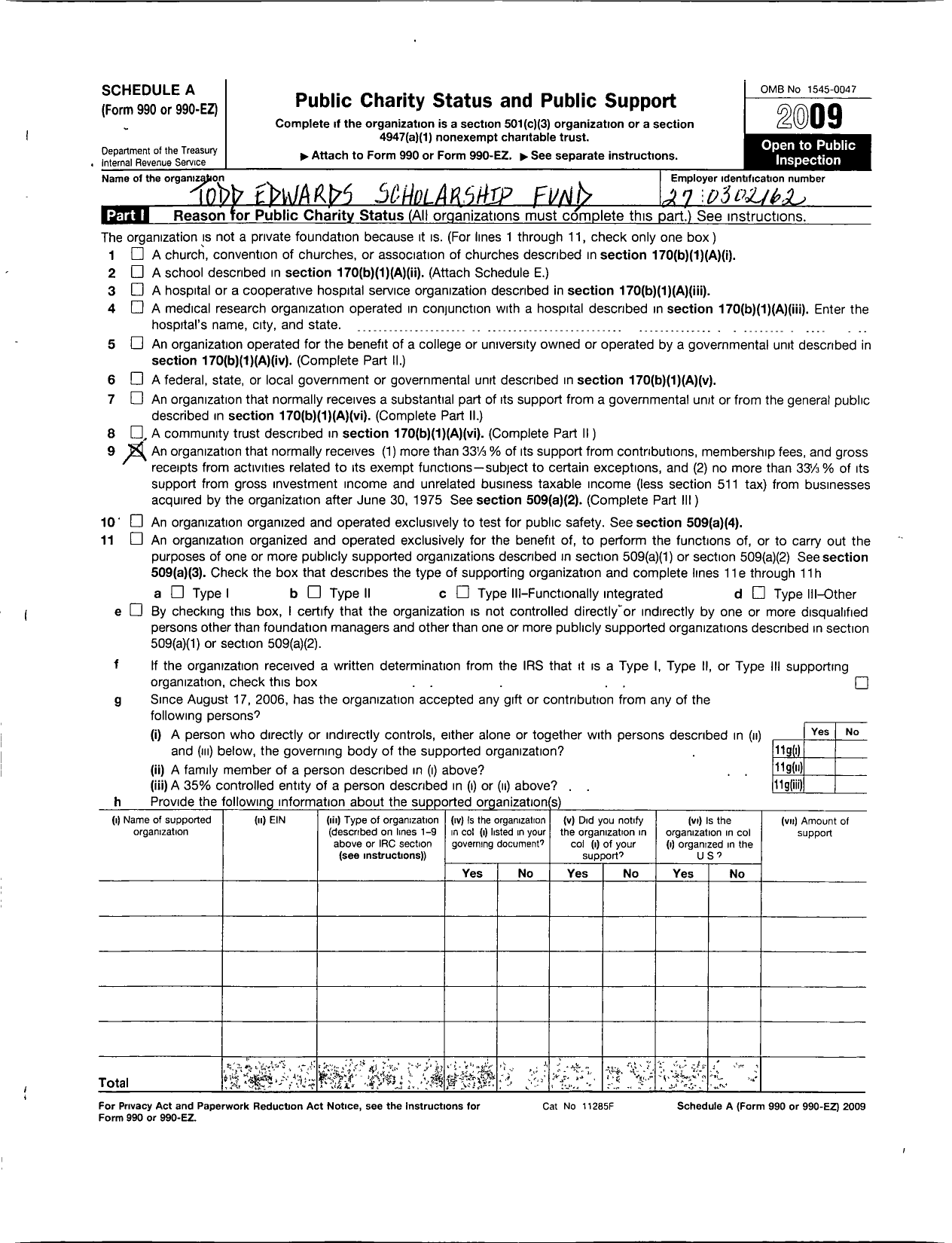 Image of first page of 2009 Form 990ER for Todd Edwards Scholarship Fund