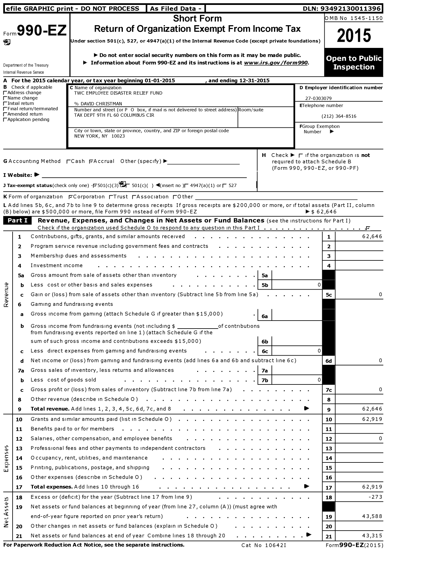 Image of first page of 2015 Form 990EZ for TWC Employee Disaster Relief Fund