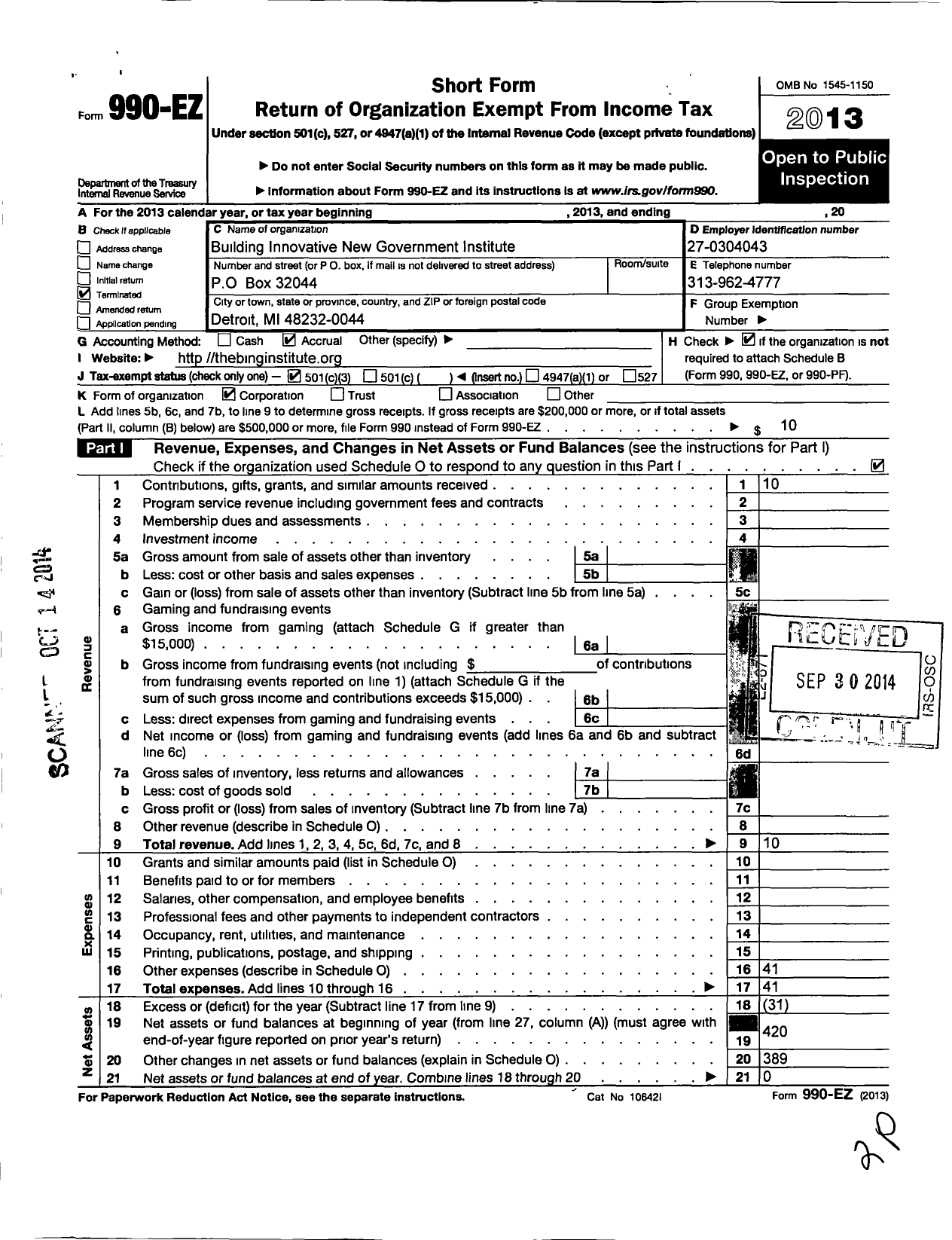 Image of first page of 2013 Form 990EZ for Building Innovative New Government Fund