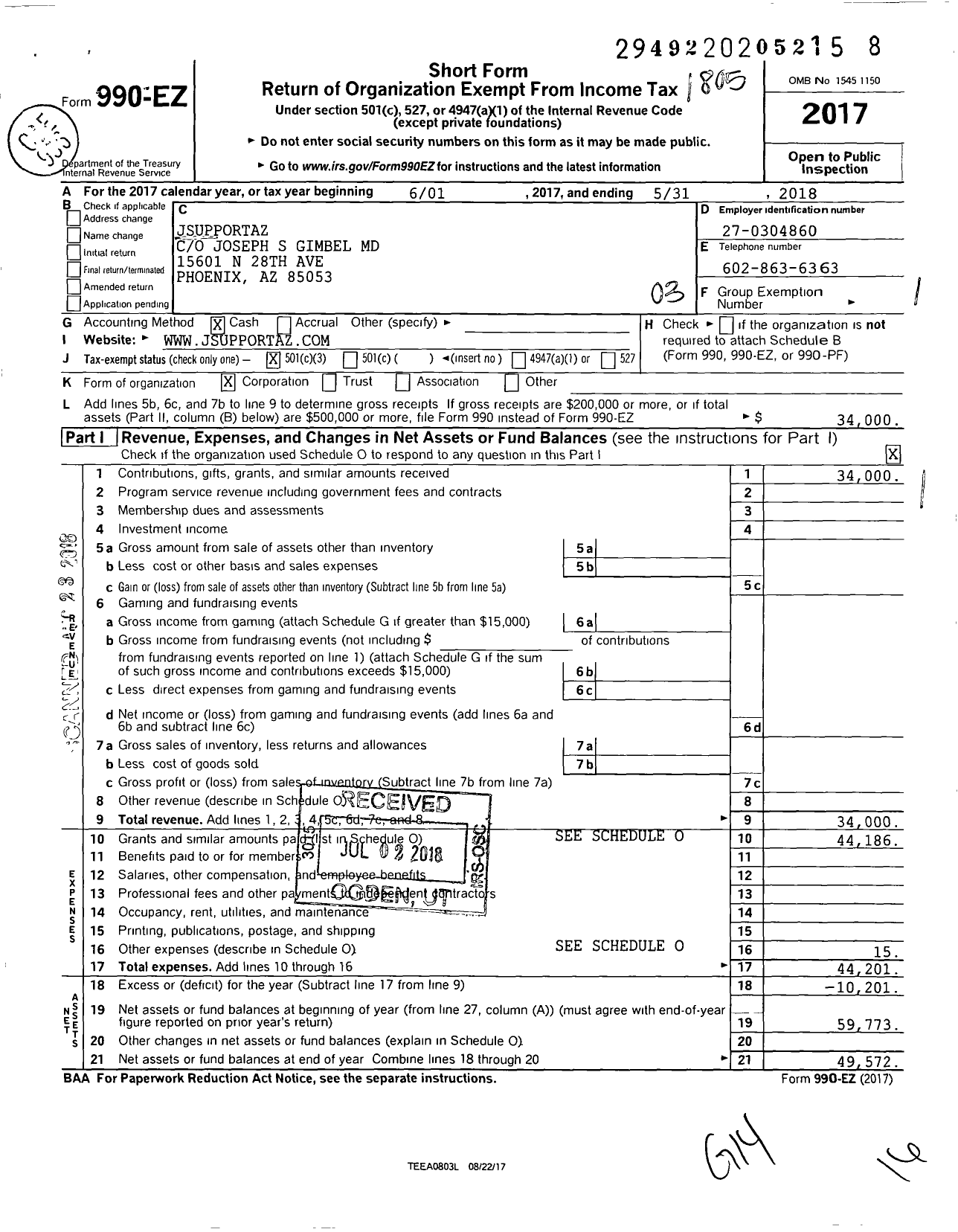 Image of first page of 2017 Form 990EZ for Jsupportaz