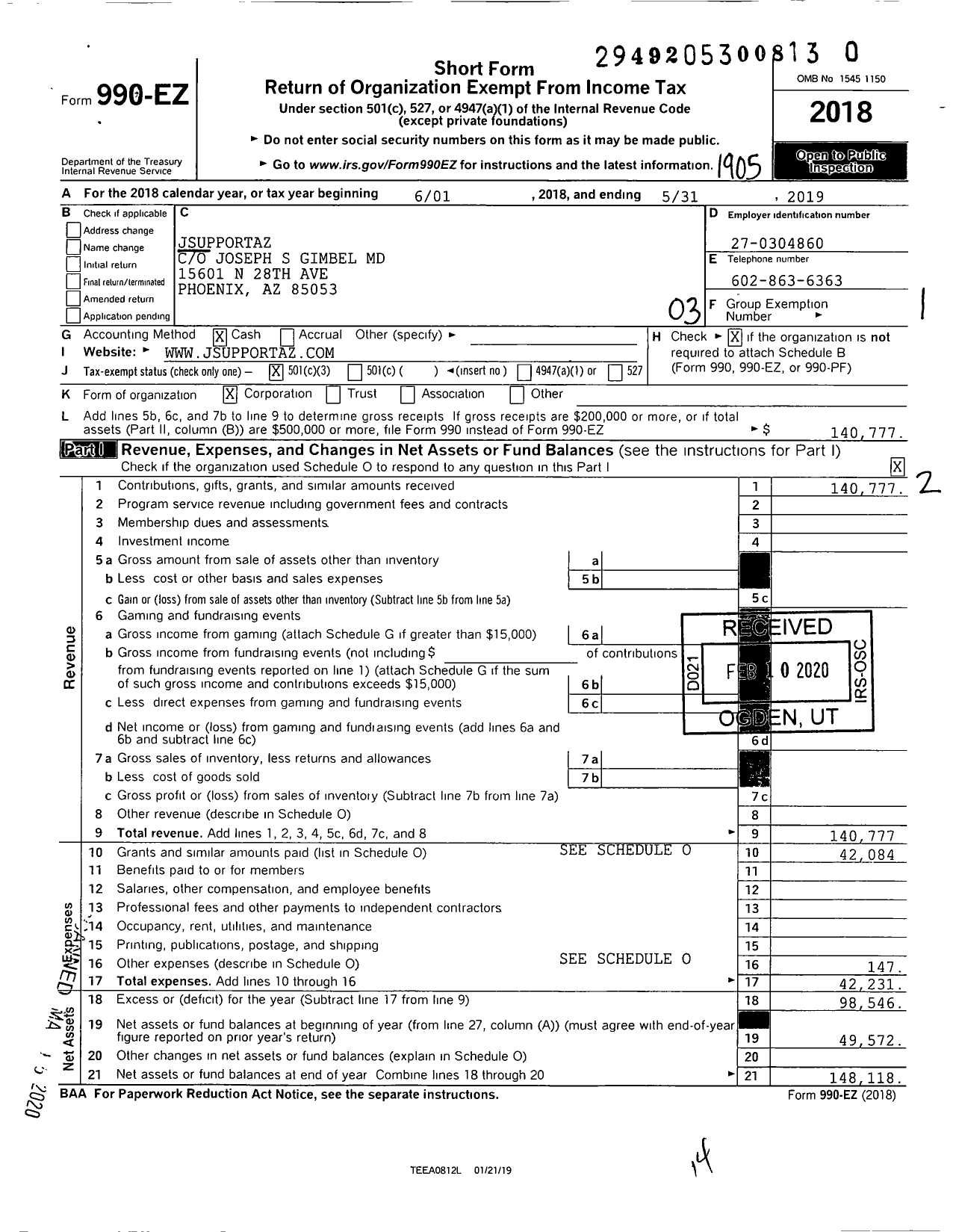 Image of first page of 2018 Form 990EZ for Jsupportaz