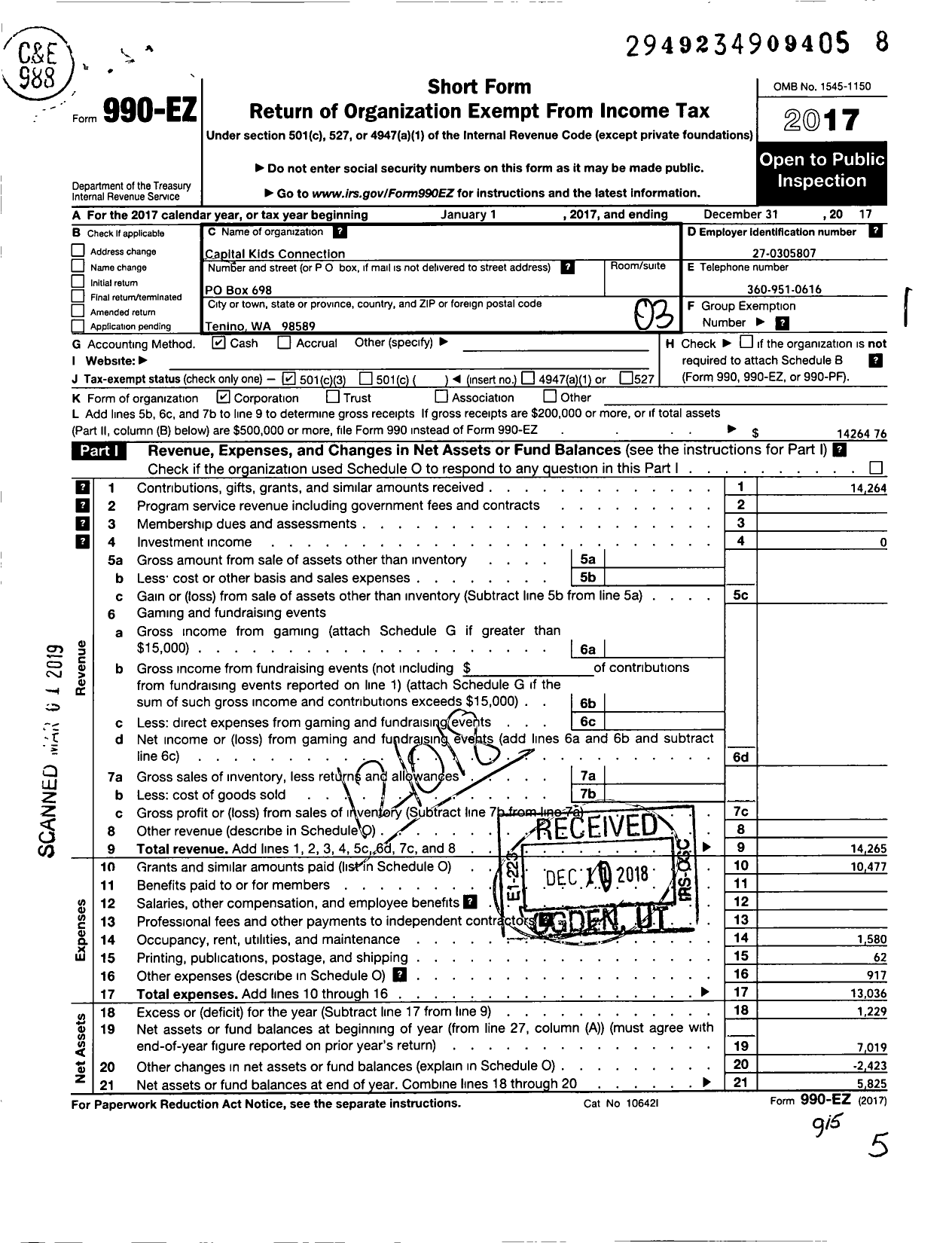 Image of first page of 2017 Form 990EZ for Capital Kids Connection