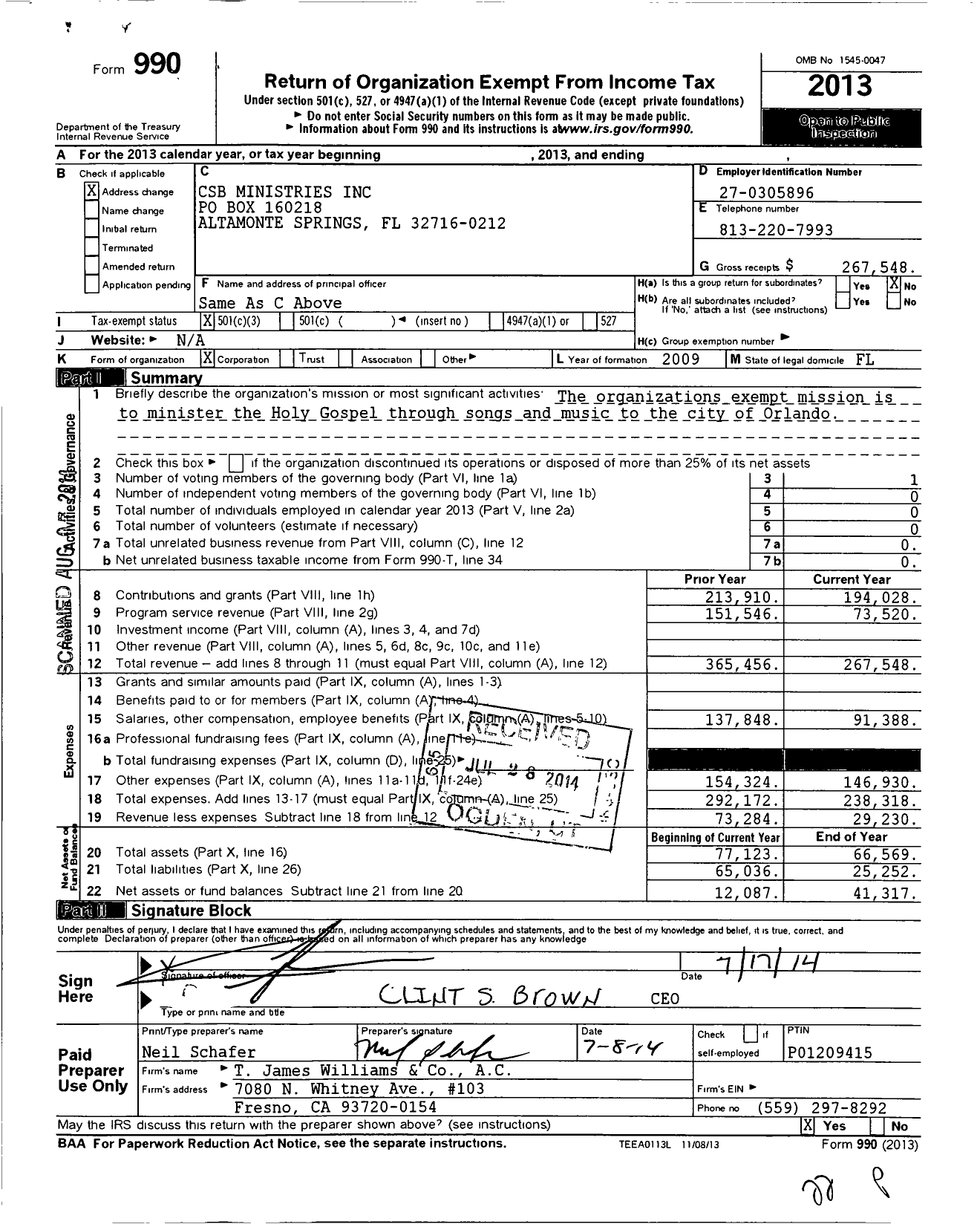 Image of first page of 2013 Form 990 for CSB Ministries