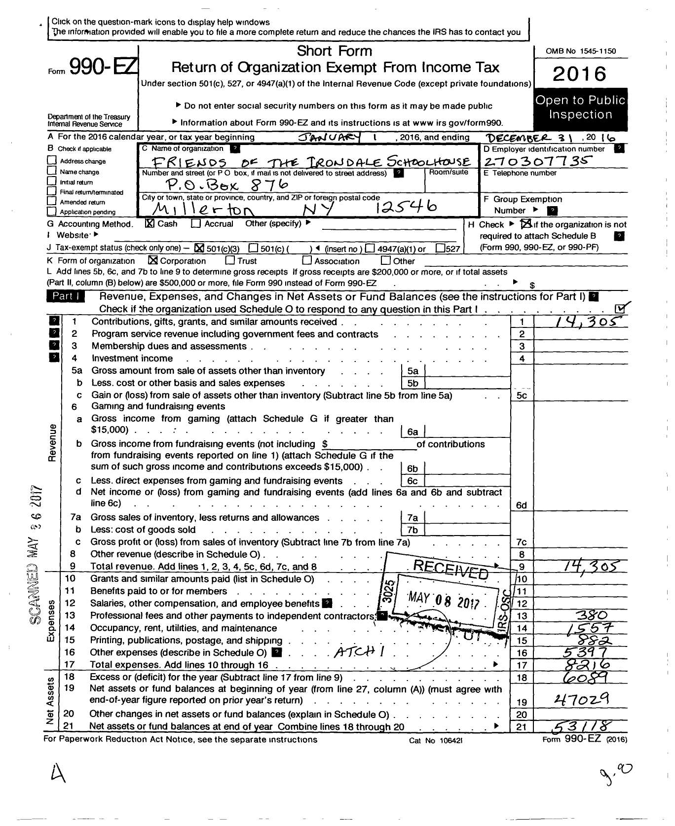 Image of first page of 2016 Form 990EZ for Friends of Irondale Schoolhouse