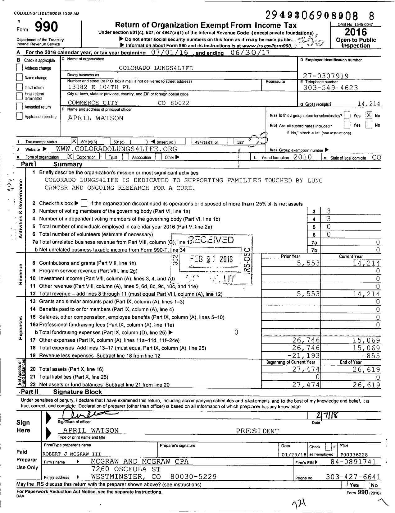 Image of first page of 2016 Form 990 for Colorado Lungs4life