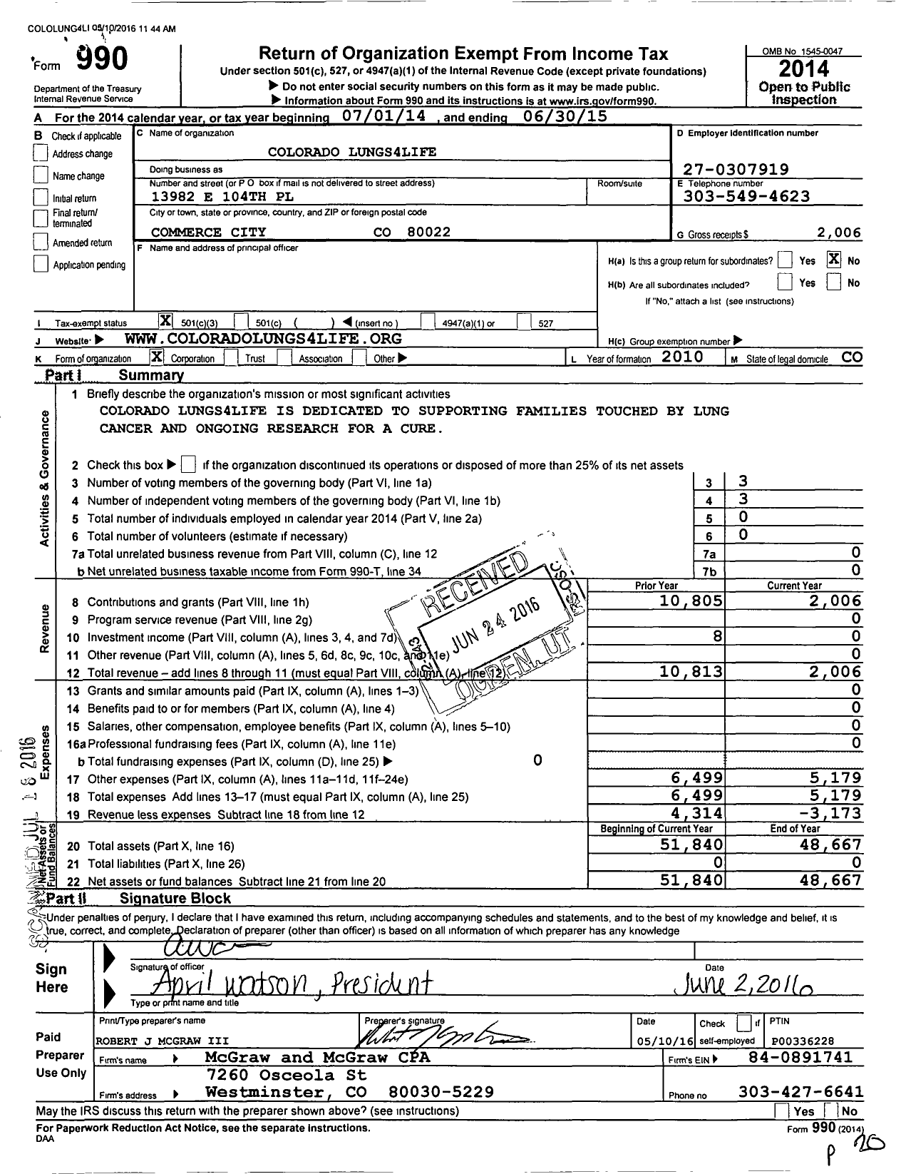 Image of first page of 2014 Form 990 for Colorado Lungs4life
